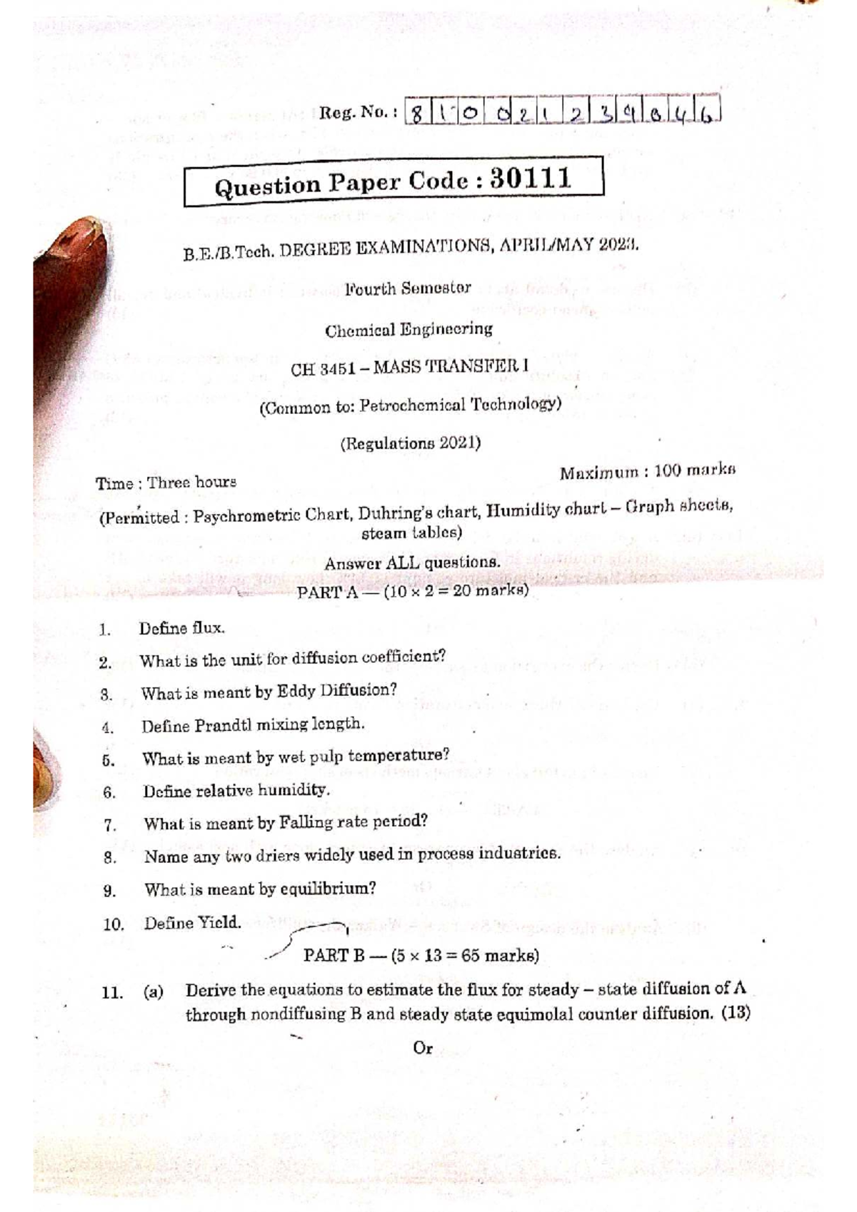 CH 3451 Mass Transfer I - Question Paper (Degree Exams 2024) - Studocu