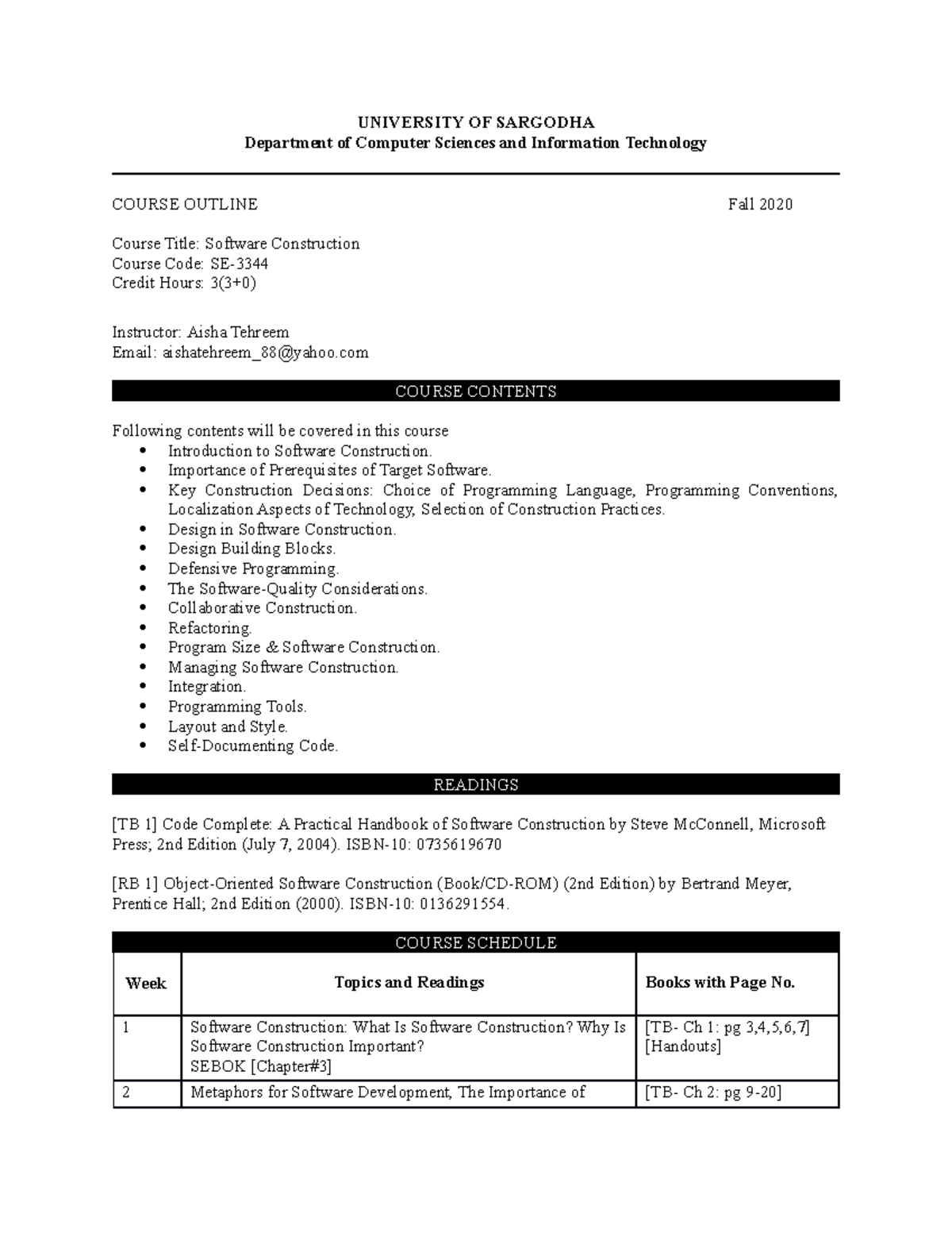 Course Outline for Software Construction (SE-) Weeks 1-3 - Studocu