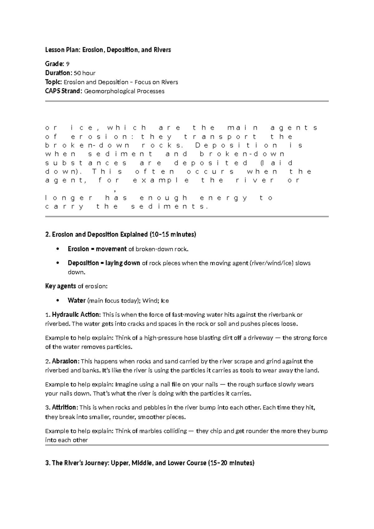 Grade 9 Lesson Plan: Erosion, Deposition & Rivers Overview - Studocu