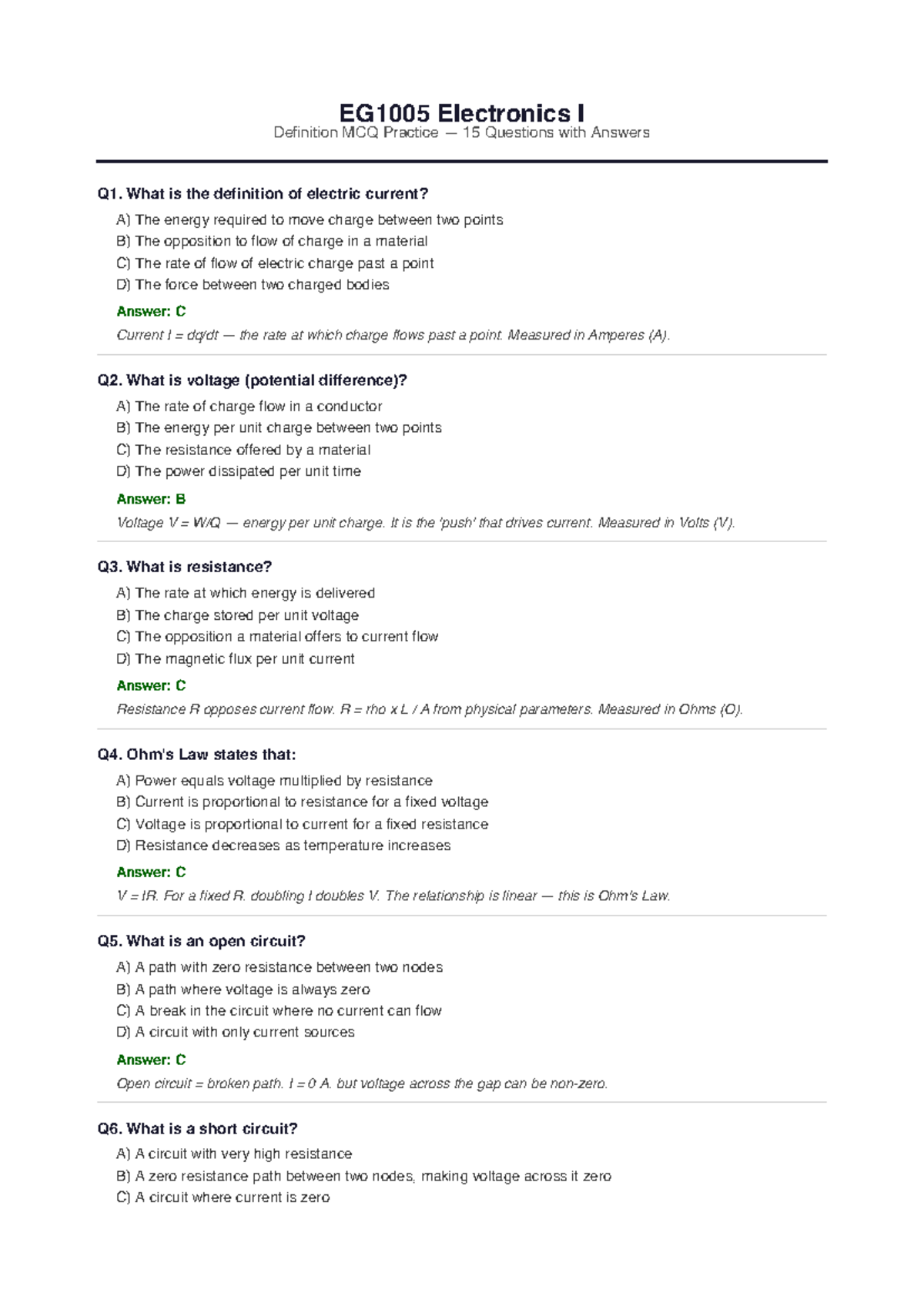 EG1005 Electronics I Definition MCQ Practice: 15 Questions & Answers ...