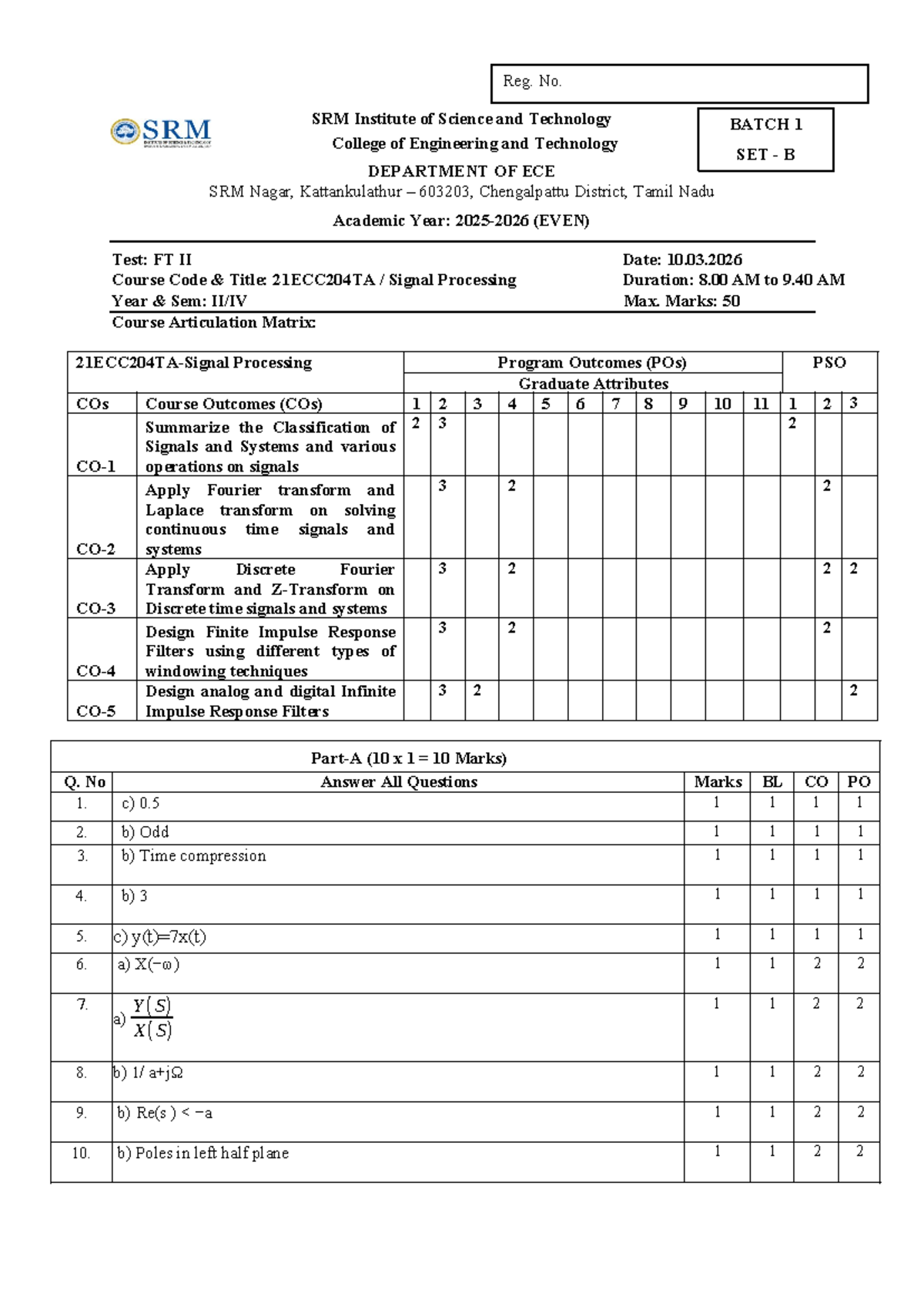 FT II 21ECC204TA Signal Processing - SET B Answer Key - Studocu