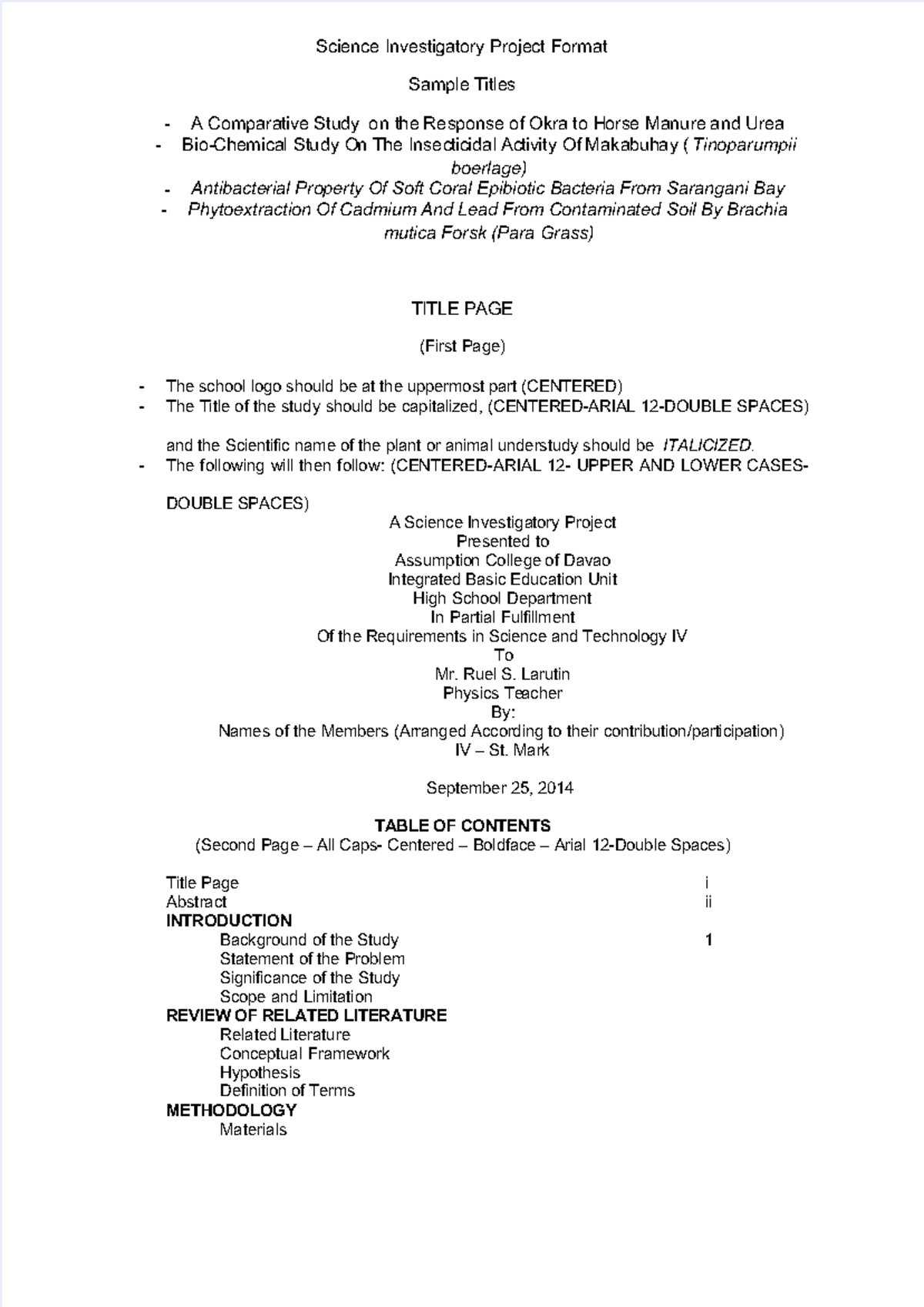science investigatory project - Science Investigatory Project Format ...