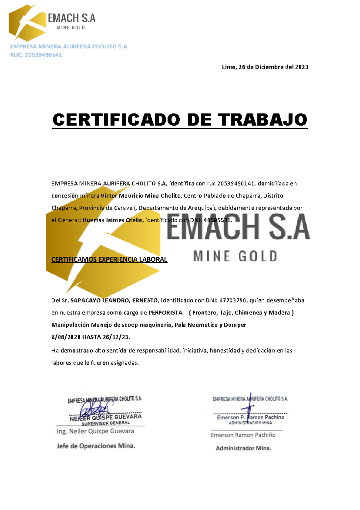 Certificado de Trabajo Emach: Experiencia Laboral de Leandro Sapacayo - Document Preview