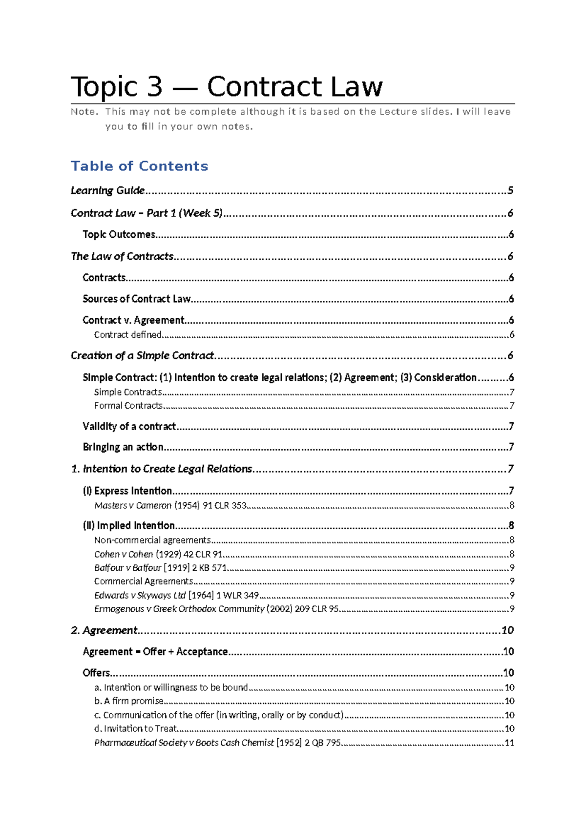Contract Law Notes (Topic 3) - Legal Concepts & Case Studies - Studocu