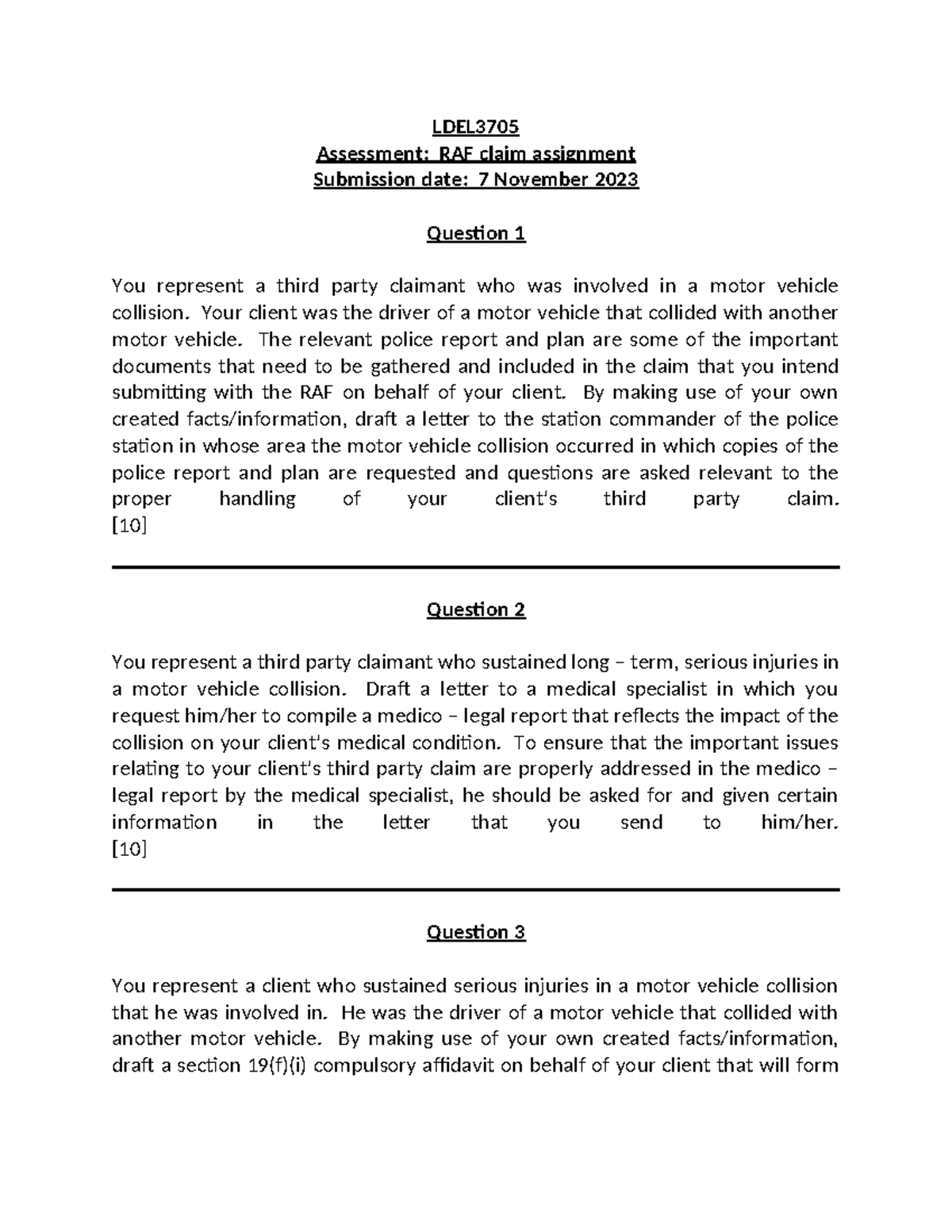 LDEL3705 Assignment: RAF Claim Drafts & Legal Letters - 2023 - Studocu