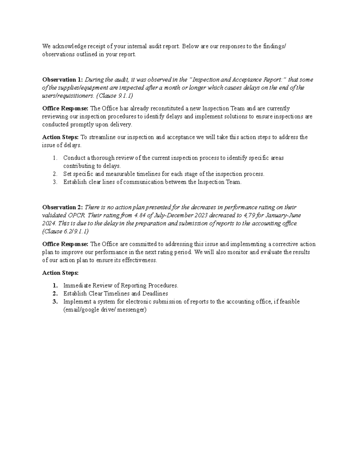 QMS audit report response - We acknowledge receipt of your internal ...