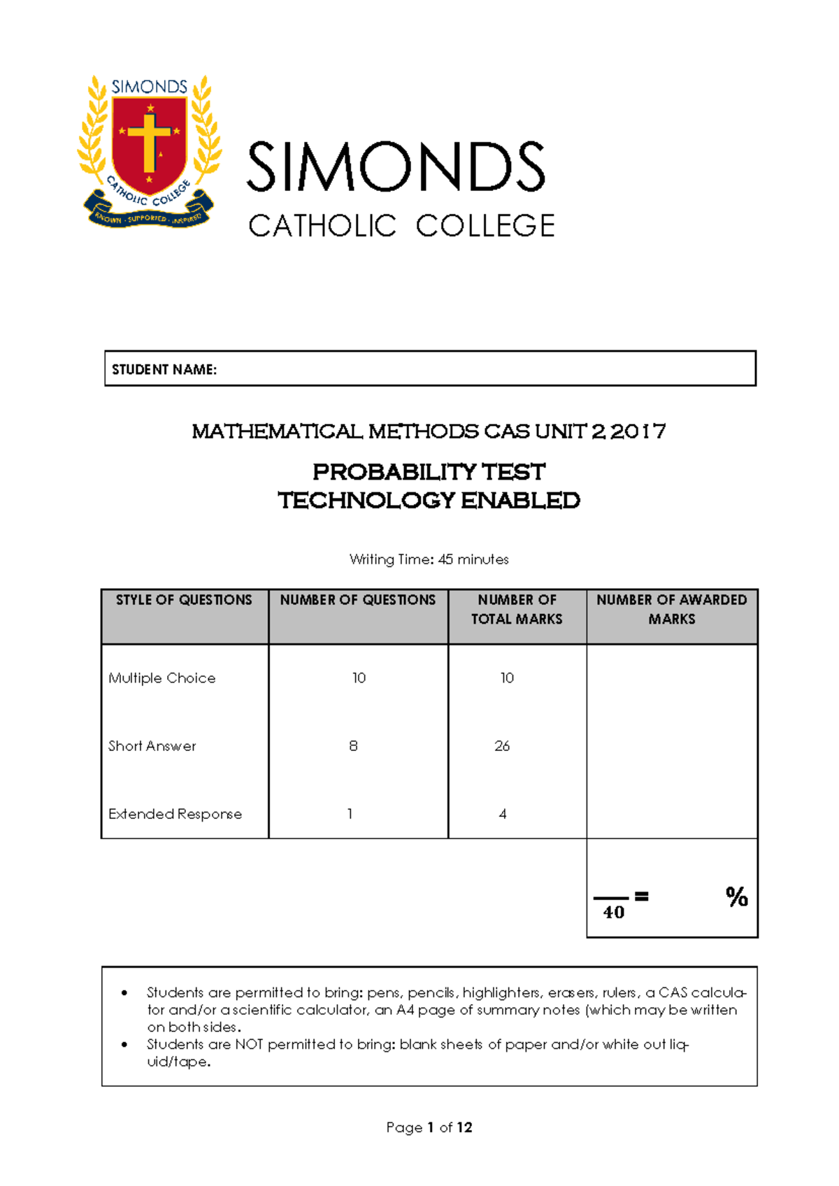 Probability Test (2017) - Mathematical Methods CAS Unit 2 - Studocu