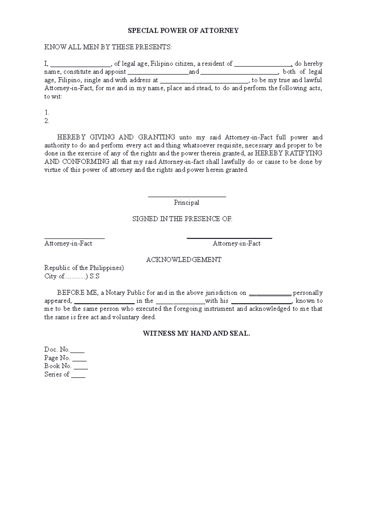 SPA - FORMAT FOR SPECIAL POWER TO THE AUTHORIZED REPRESENTATIVE ...