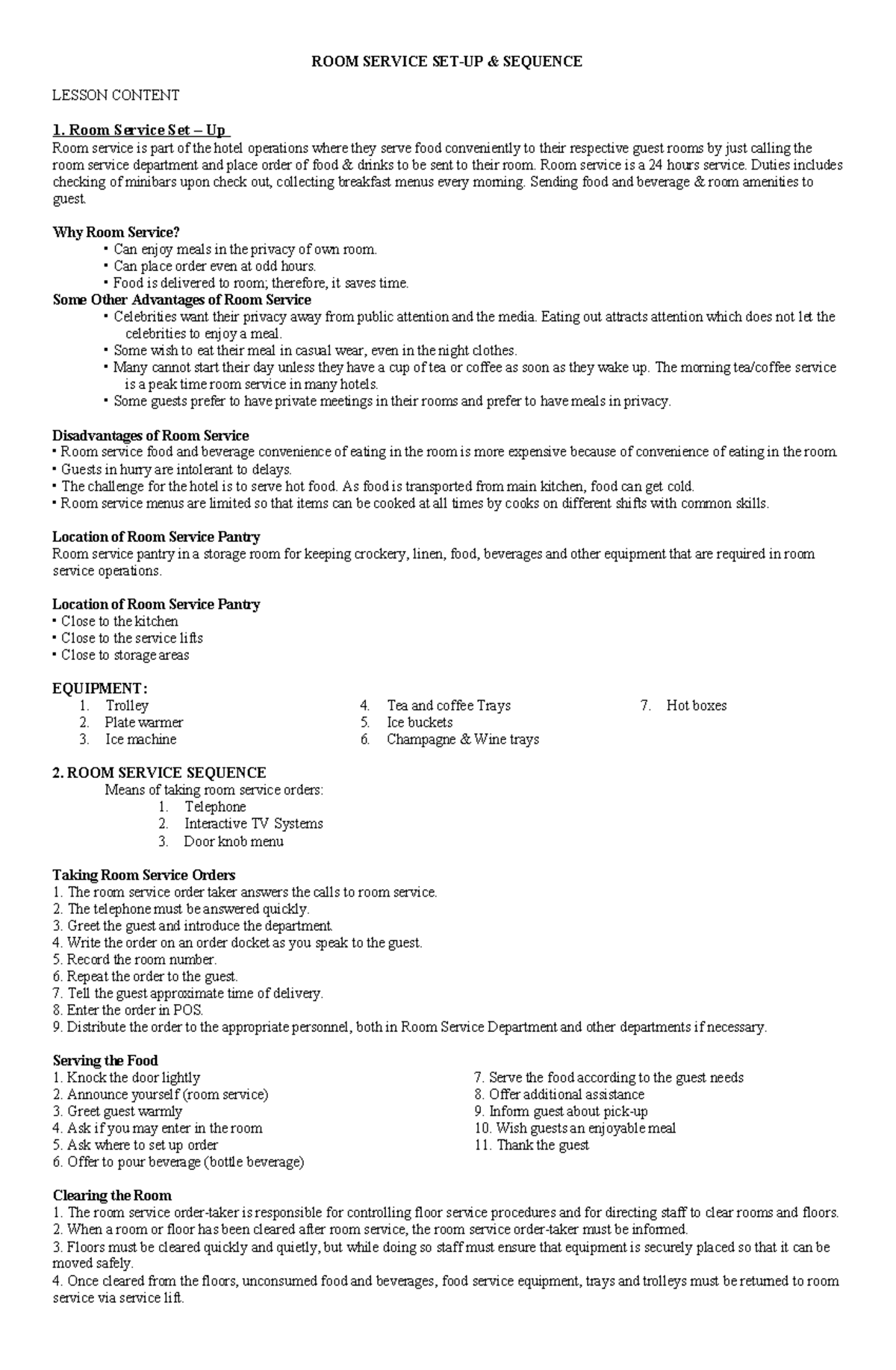 ROOM Service Operations: Set-Up, Sequence & Duties Overview - Studocu
