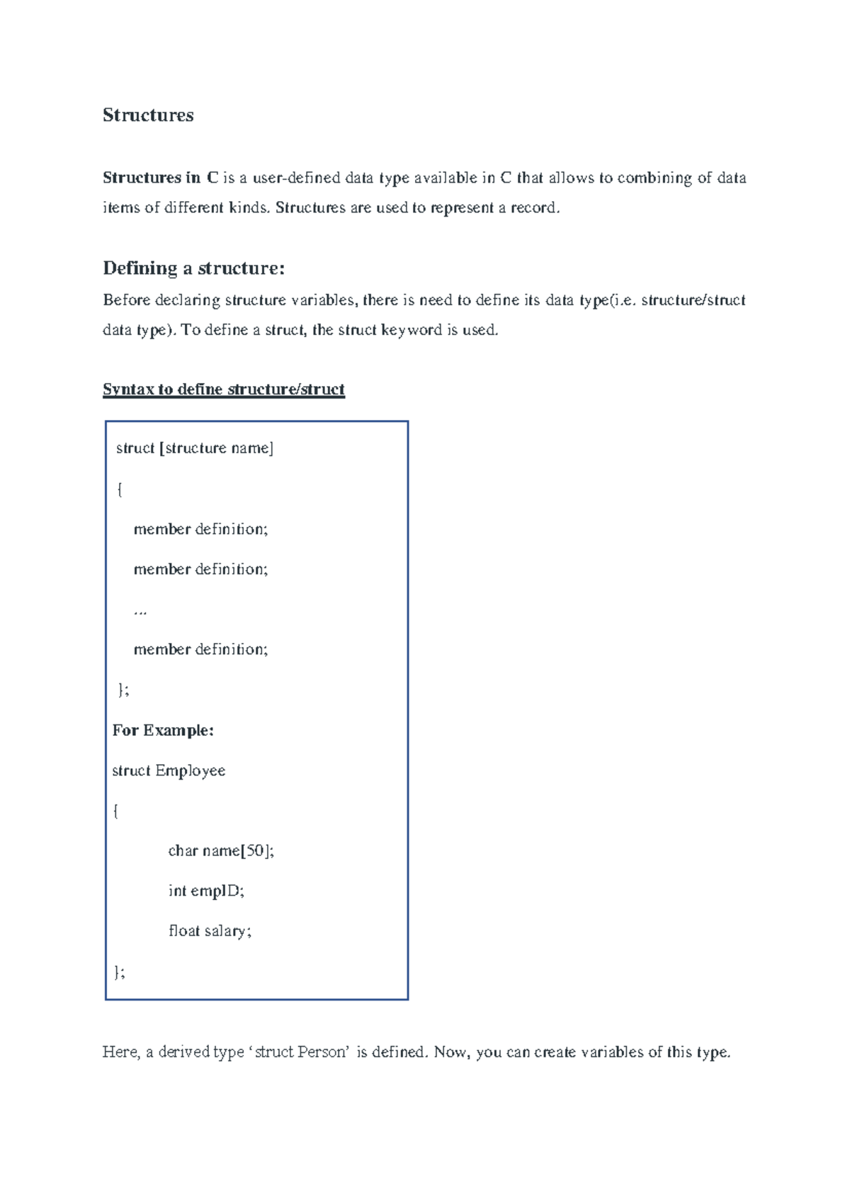 1.0 Structure(Struct) - Structures Structures in C is a user-defined ...