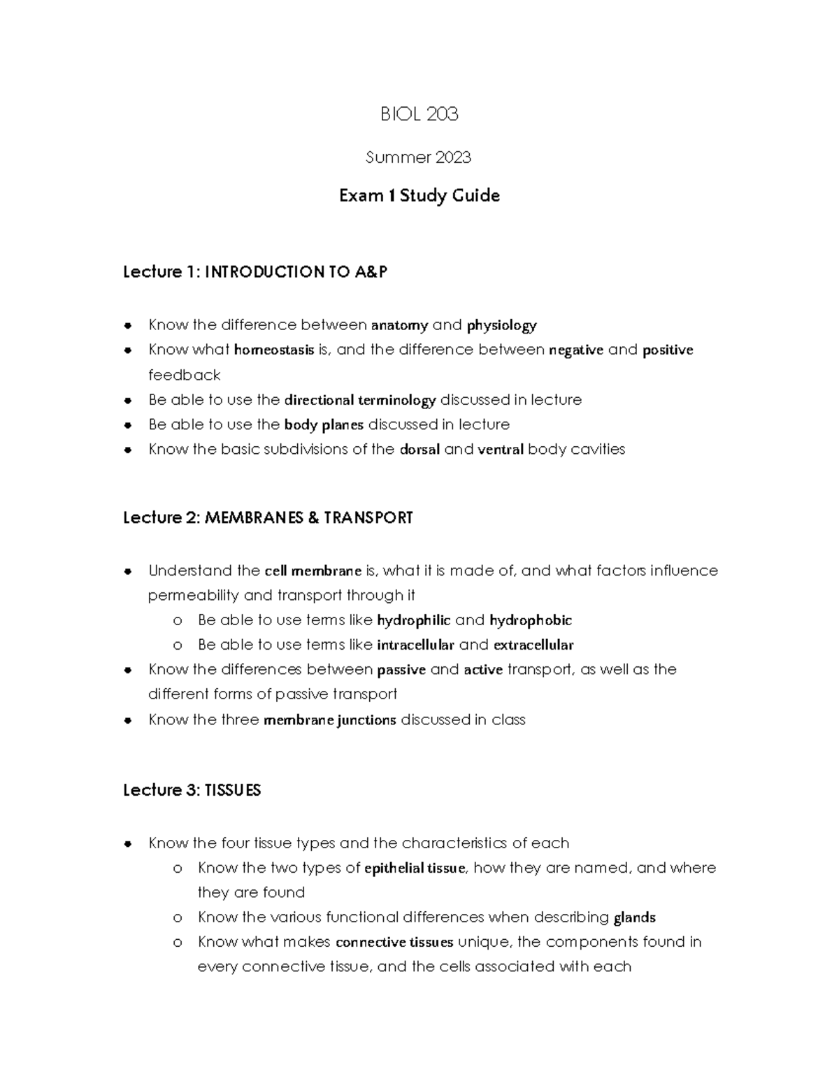 BIOL 203 Summer 2023 Exam 1 Study Guide: Key Concepts & Topics - Studocu