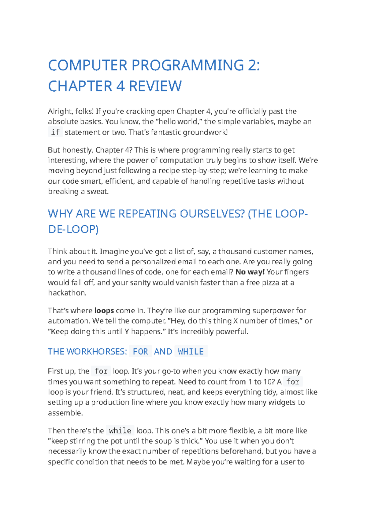 COMPUTER PROGRAMMING 2: CHAPTER 4 REVIEW NOTES - Studocu