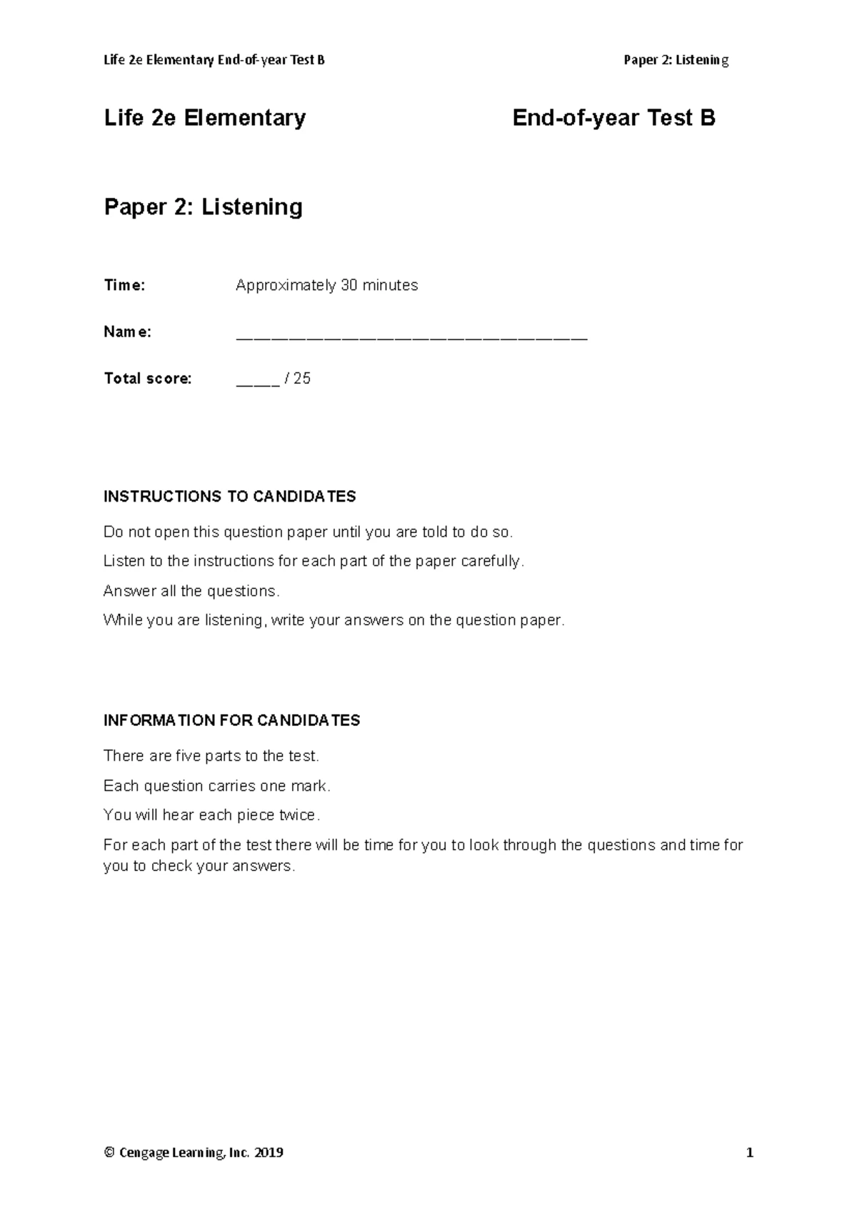 Life 2e Elementary Test B: Reading and Writing Practice Paper - Studocu