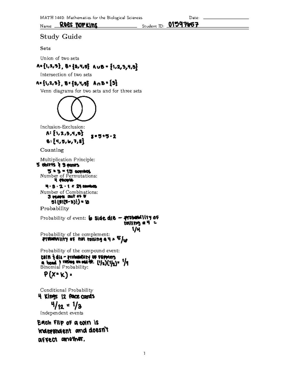 MATH 1440: Unit 4 Study Guide for Biological Sciences Exam - Studocu