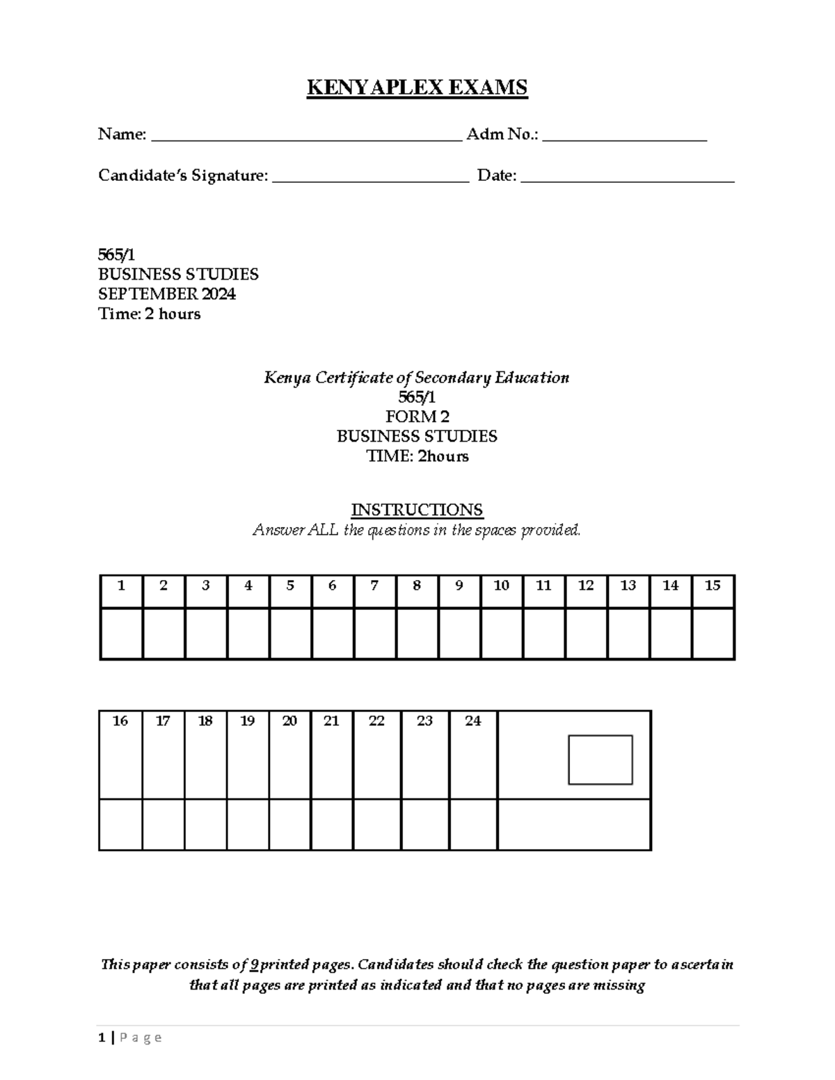 3073 form 2 business studies term 3 opener exam 2024 version 2 pdf ...