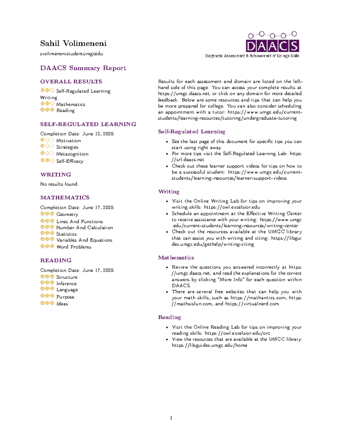 Week 1 DAACS Summary Report: Overall Learning Results - Studocu