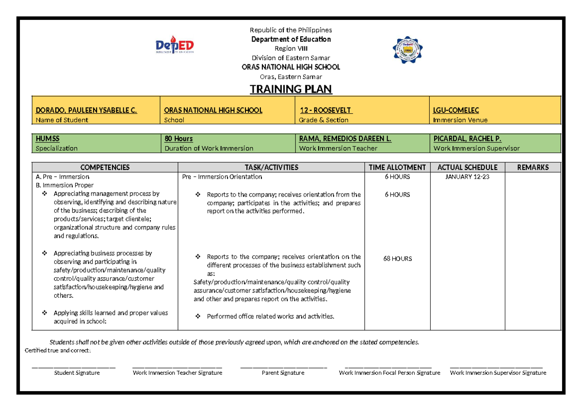 Training Plan for HUMSS Work Immersion 071431 - Studocu