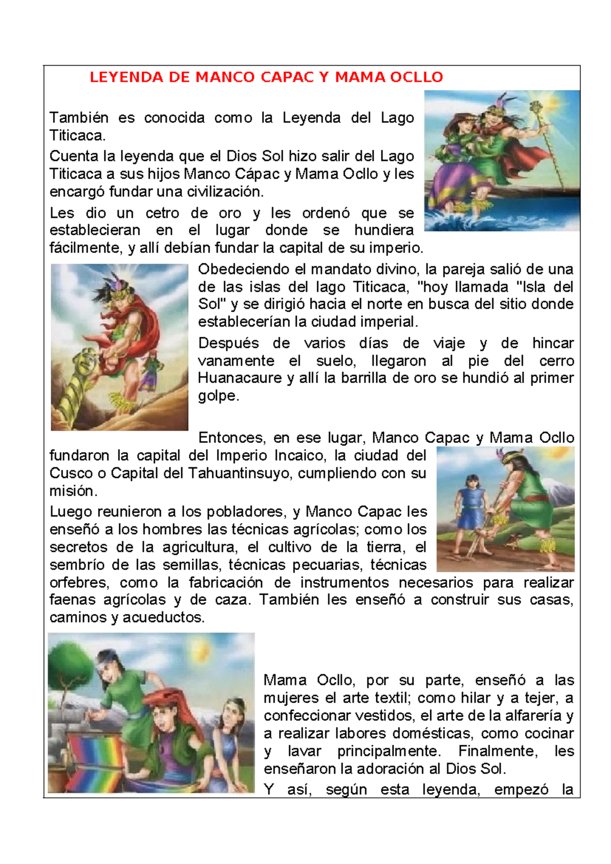 LEYENDA DEL TAHUANTINSUYO: MANCO CÁPAC Y MAMA OCLLO - Studocu