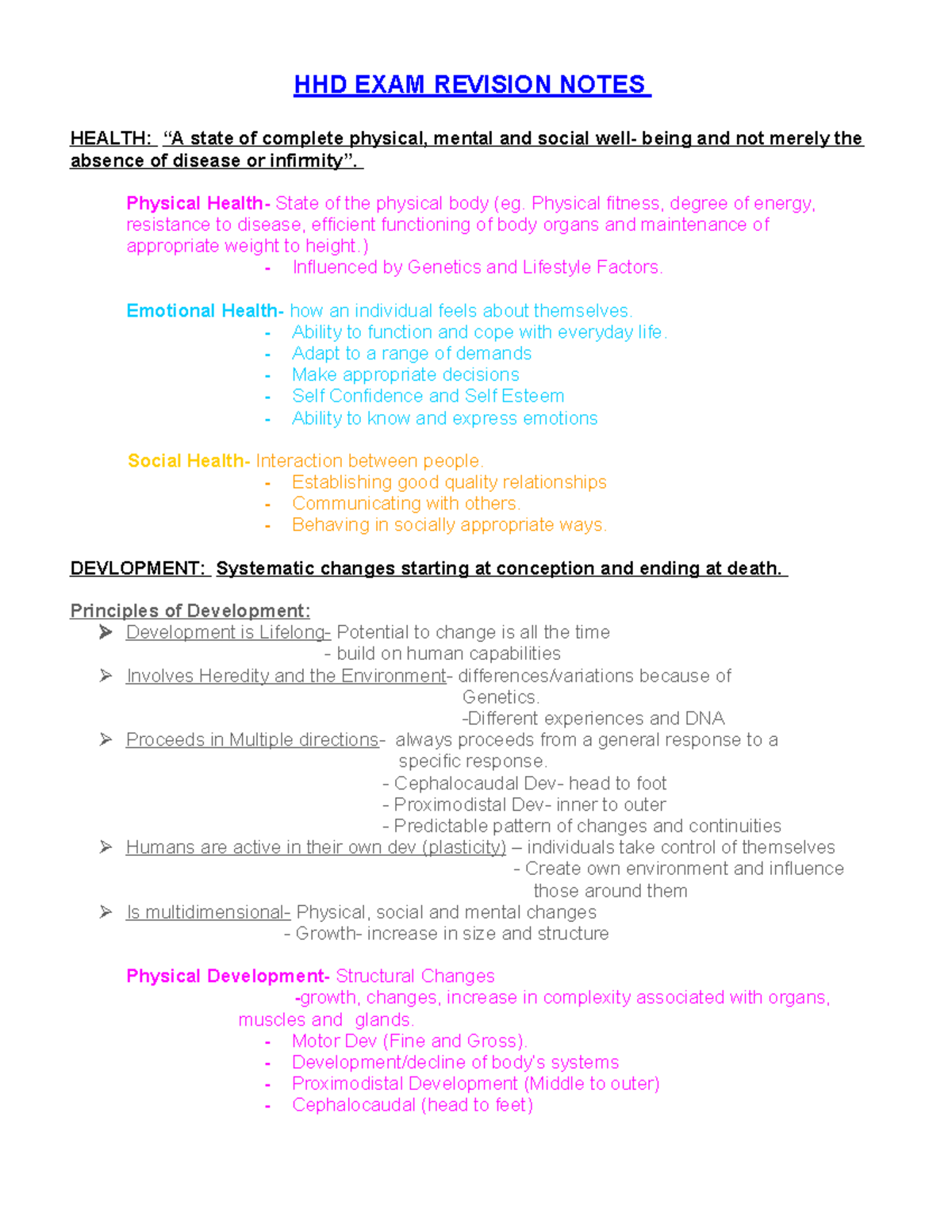 5488HHD Final Exam Revision Notes on Health and Development - Studocu