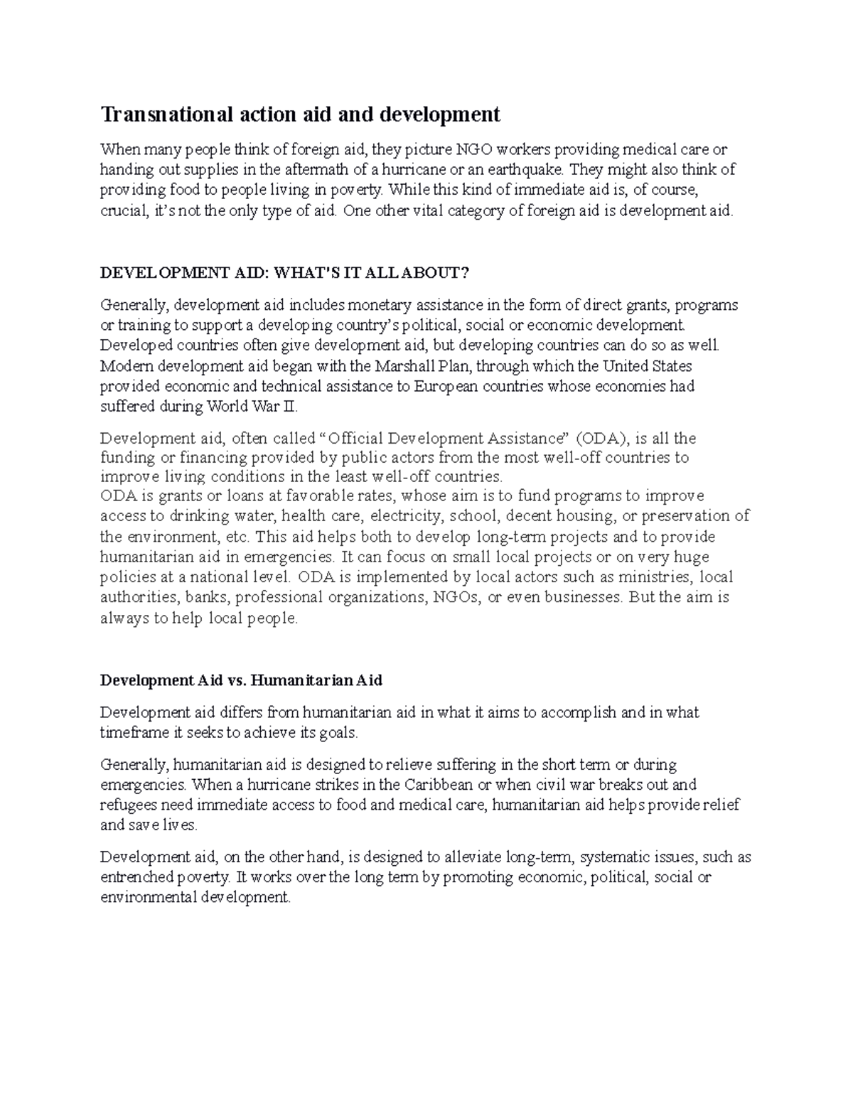 Development AID - assiggnment - Transnational action aid and ...