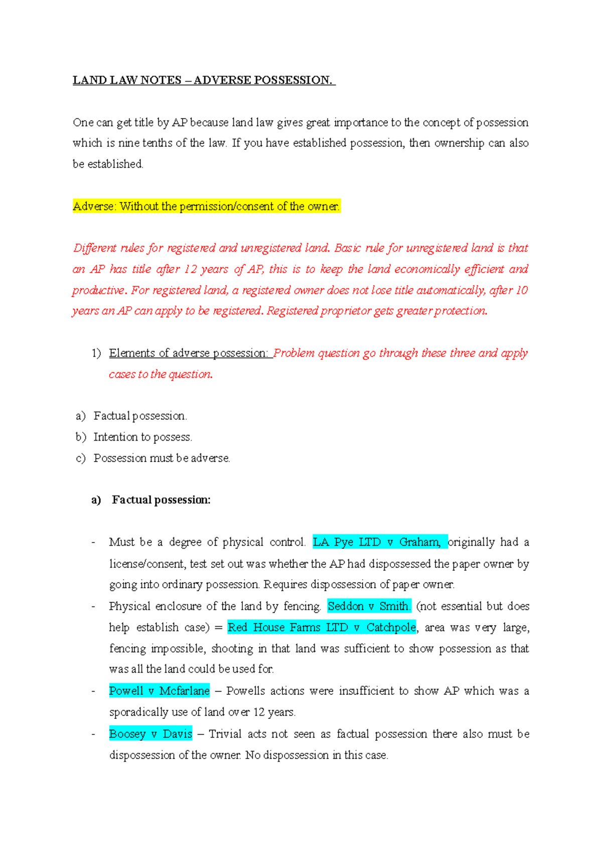 LAND LAW Notes - Adverse Possession. - LAND LAW NOTES – ADVERSE ...