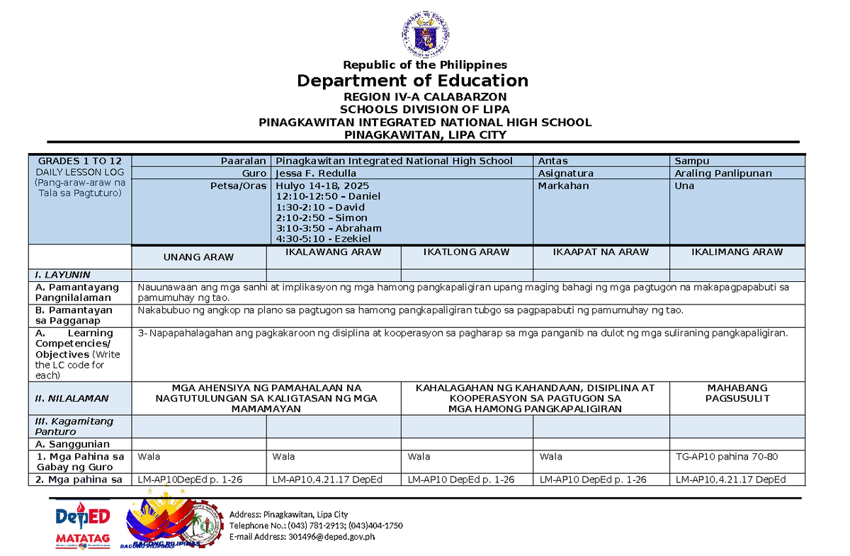 W5 - Daily Lesson Log for Grades 1 to 12 at Pinagkawitan INHS - Studocu