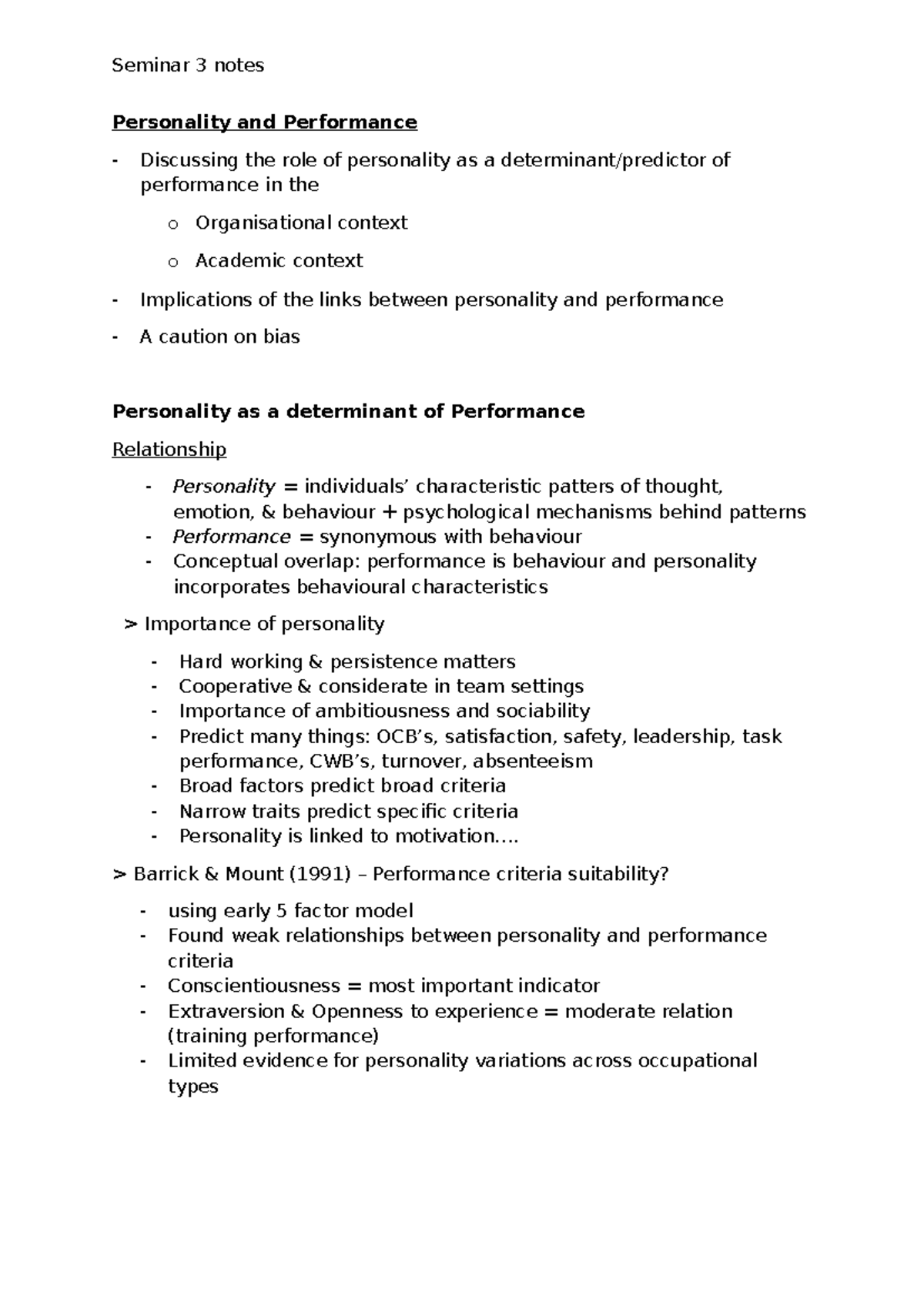 Seminar 3 Notes on Personality and Performance - PSY391 - Studocu