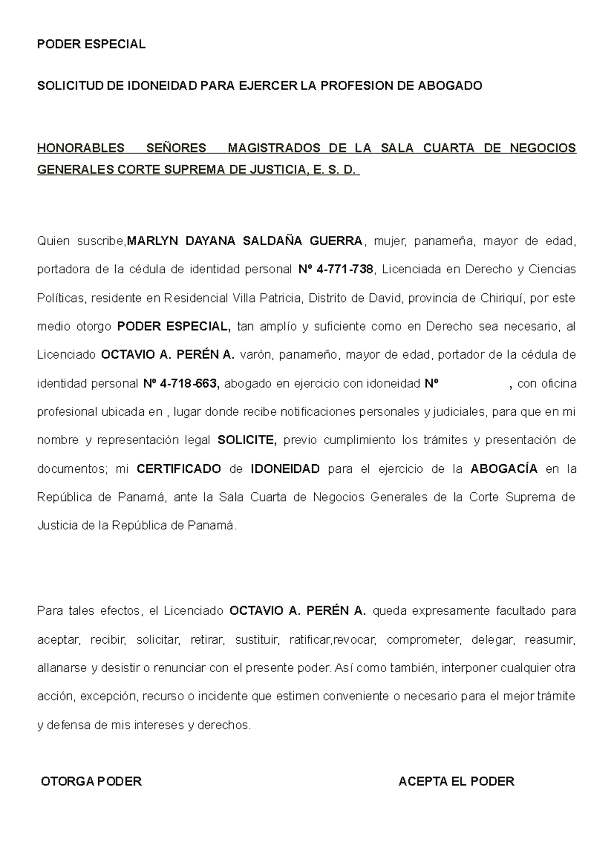 Poder Especial y Solicitud de Idoneidad para Abogado en Panamá - Document Preview