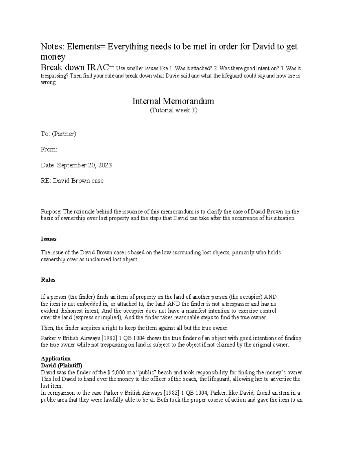 Law 101: Week 3 Tutorial Notes on David Brown Case - IRAC Breakdown ...