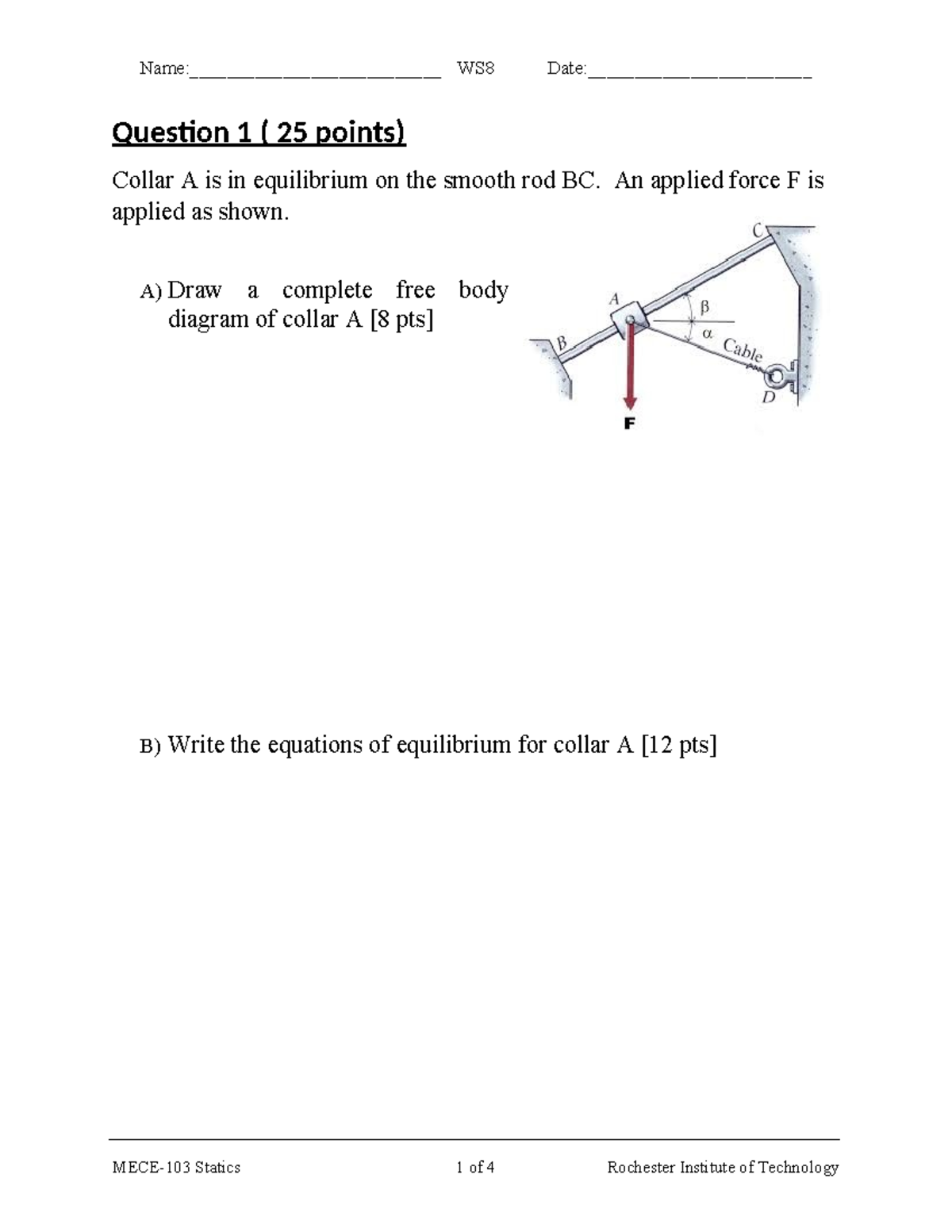 MECE103 WS8 Particle Equilibrium: Collar A Free Body Diagram & Forces ...
