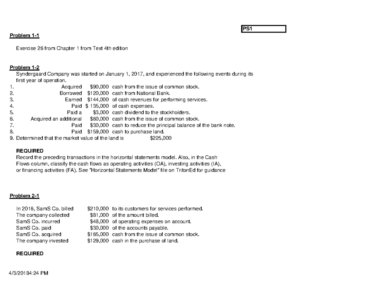 PS 1 Spring 2018 Homework: Cash Flow & Transactions Analysis - Studocu