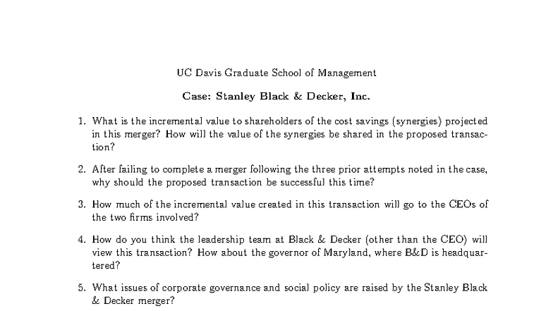 UC Davis GM Case Study: Analyzing the Stanley Black & Decker Merger ...
