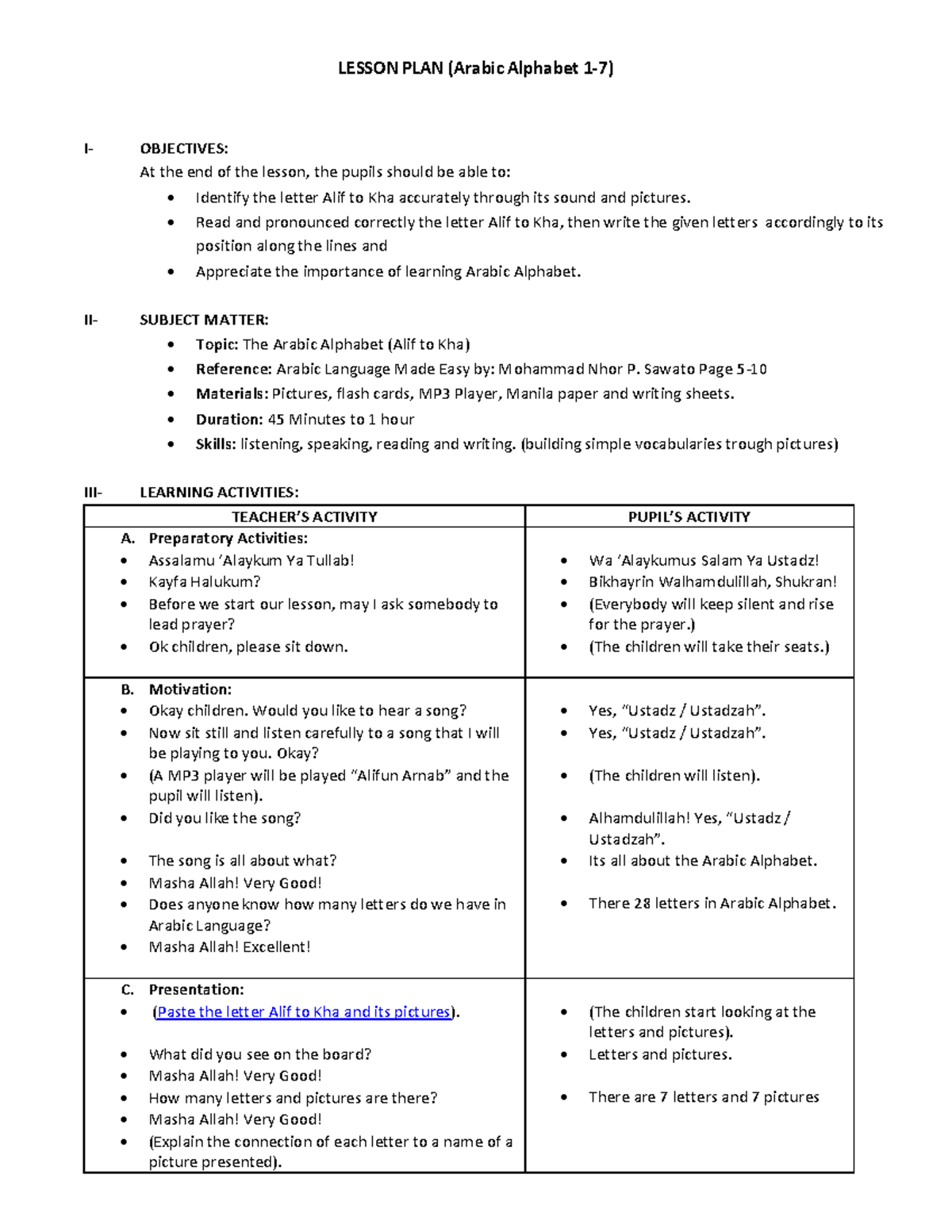 Lesson Plan: Arabic Alphabet (Alif to Kha) - A Comprehensive Guide ...