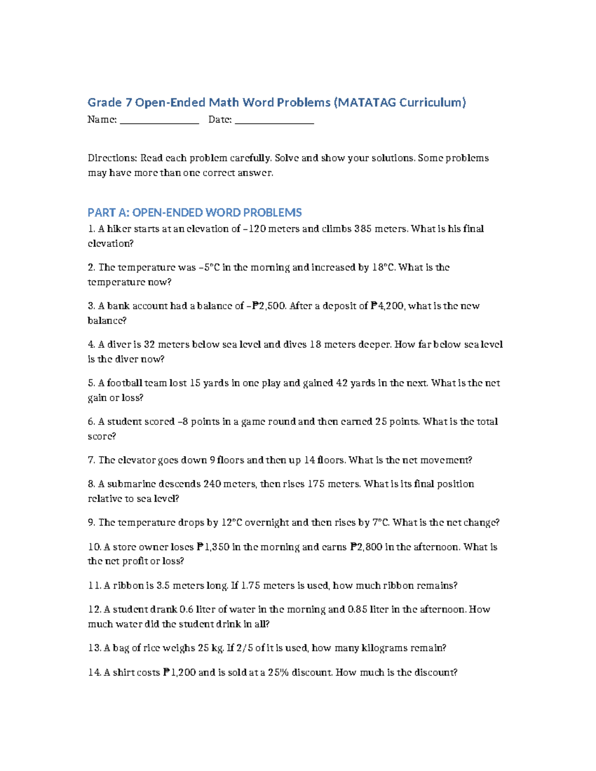 Grade 7 Math Word Problems - 50 Items (MATATAG Curriculum) - Studocu