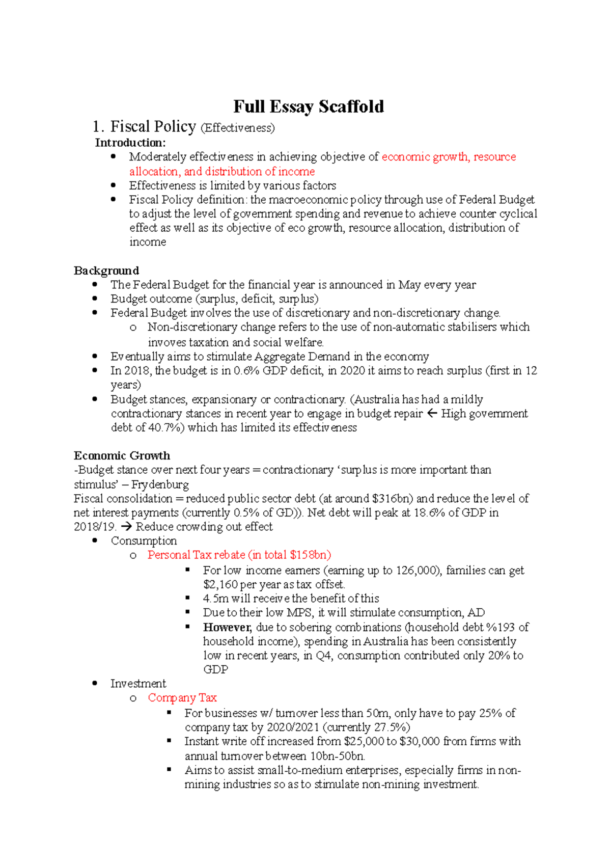 HSC Final Essay Scaffold: Fiscal and Microeconomic Policy Analysis ...
