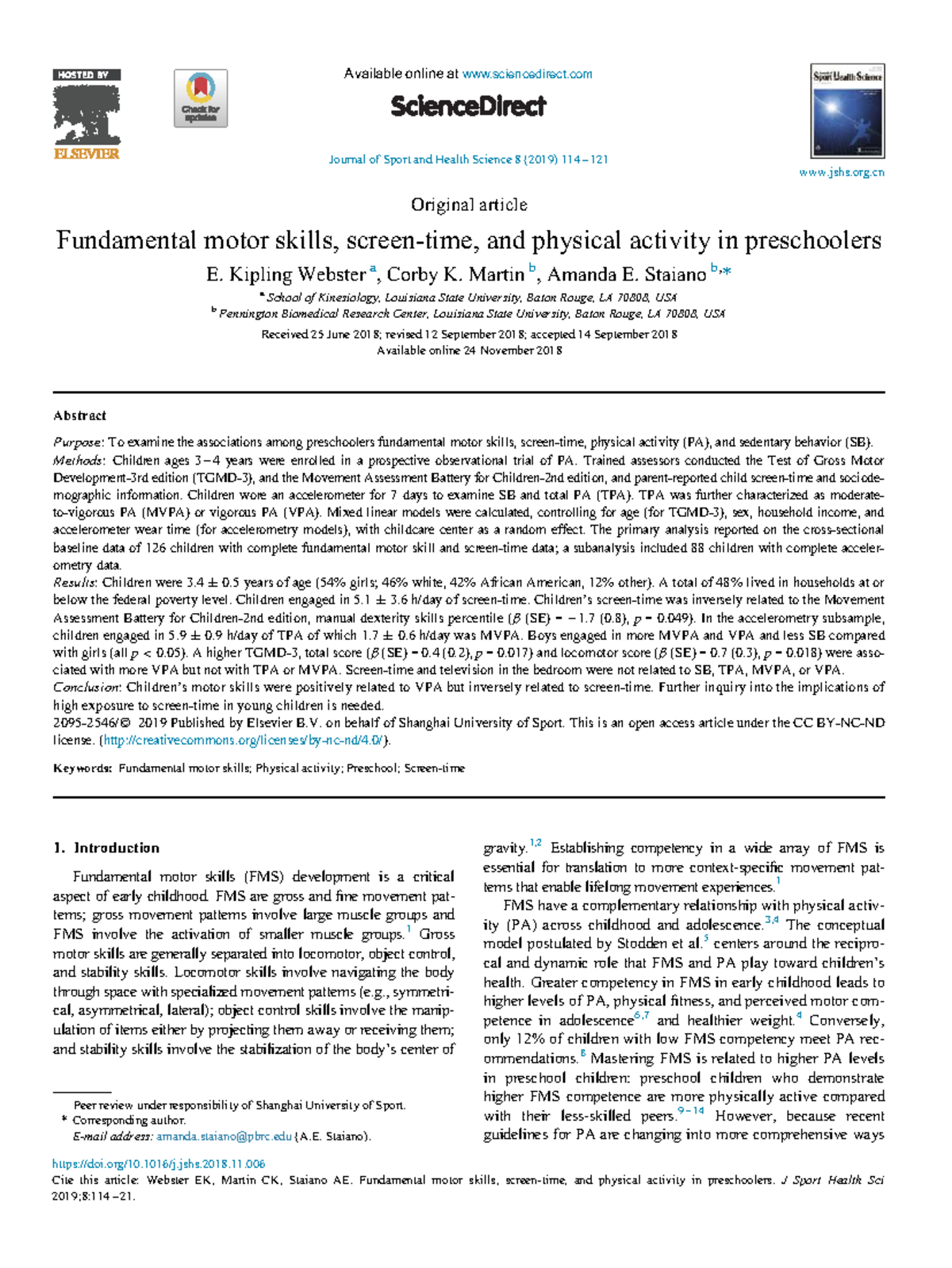 Fundamental Motor Skills and Physical Activity in Preschoolers: A Study ...