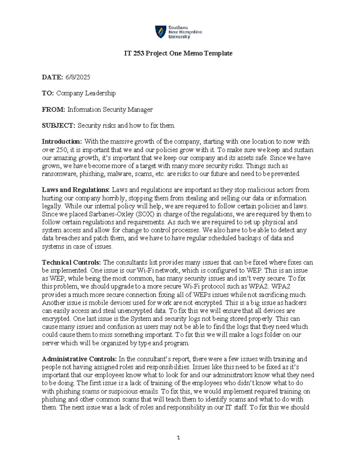 IT 253 Project One Memo: Addressing Security Risks and Solutions - Studocu