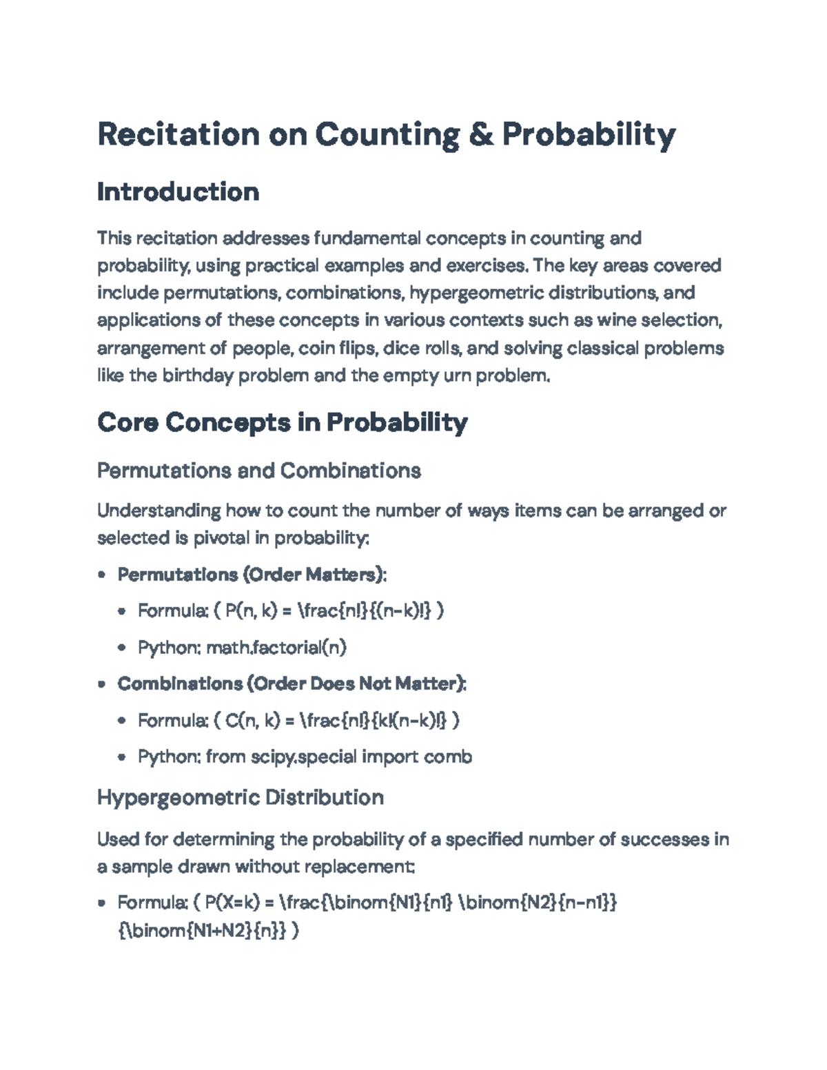 Recitation on Counting & Probability: Key Concepts and Applications ...