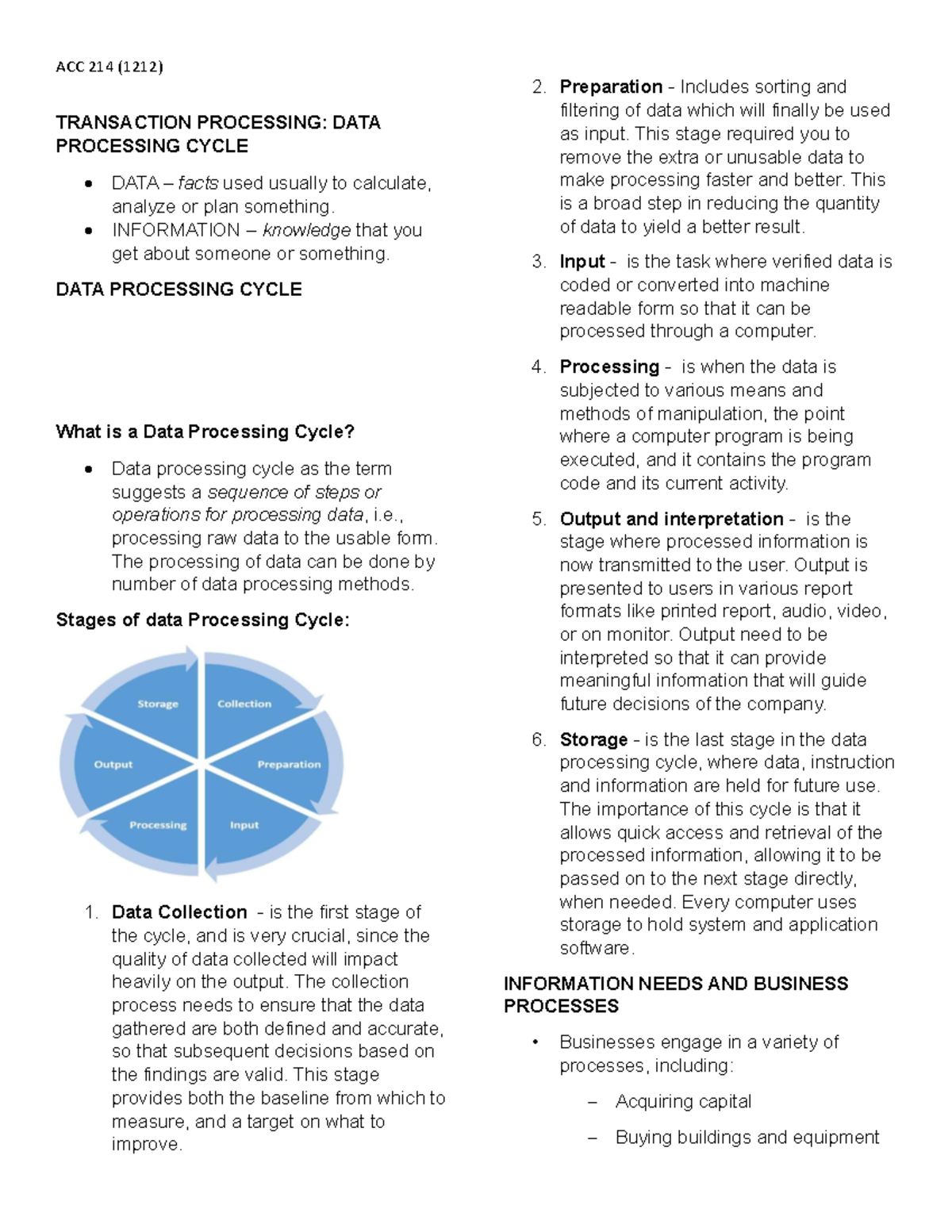ACC 214 (1212) Data Processing Cycle: Transaction Processing Overview ...