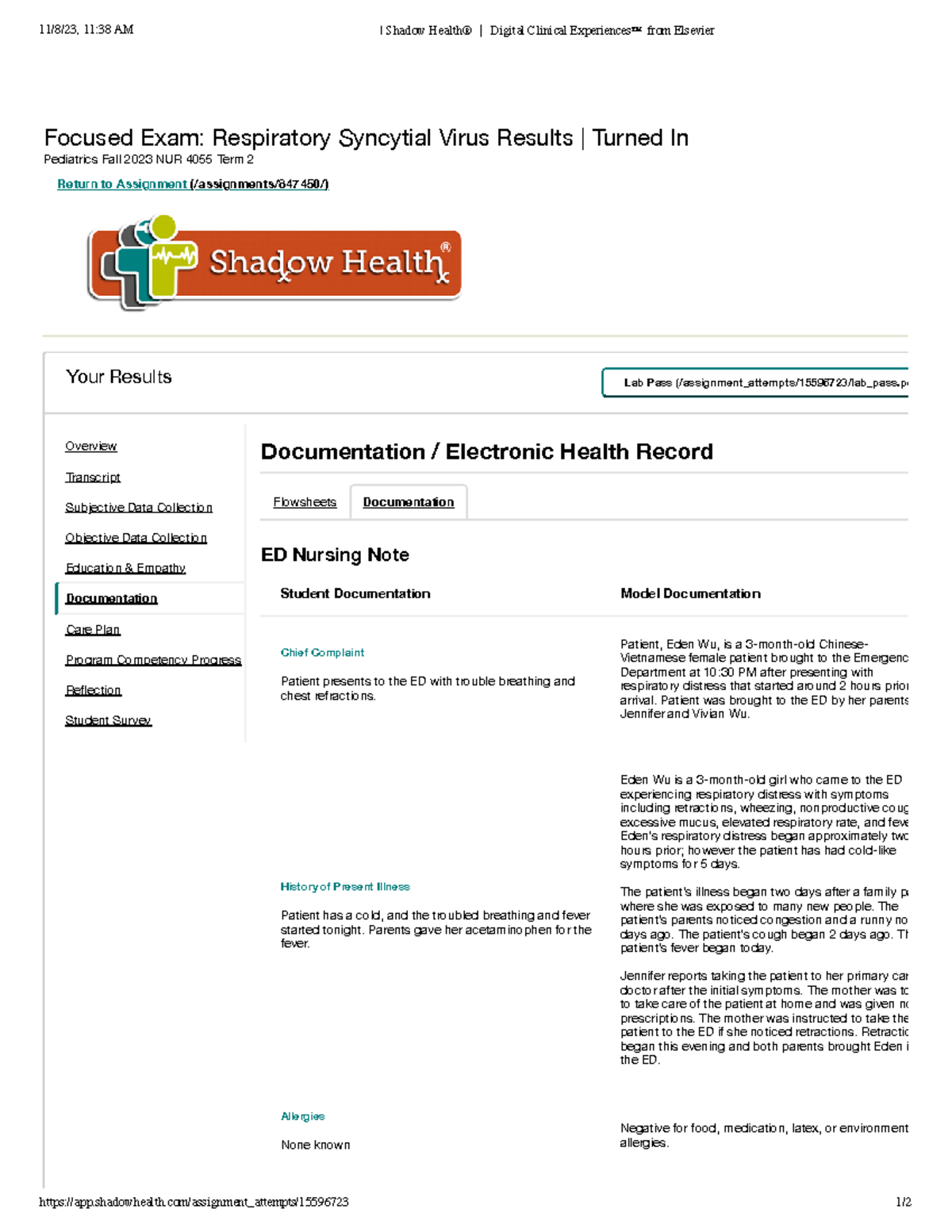 Focused Exam Documentation: Eden Wu & RSV - NUR 4055 Fall 2023 - Studocu