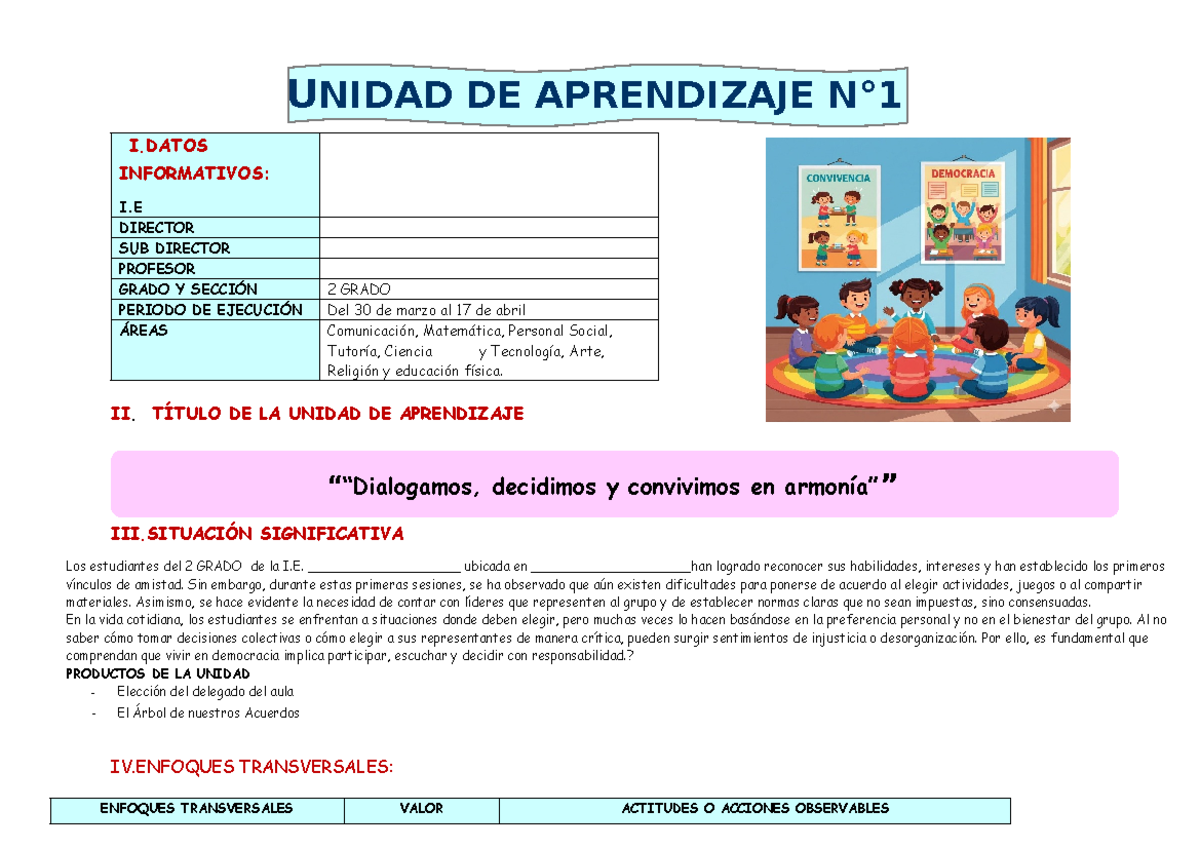 2 Grado - Unidad de Aprendizaje 1: Decidimos y Convivimos en Armonía ...