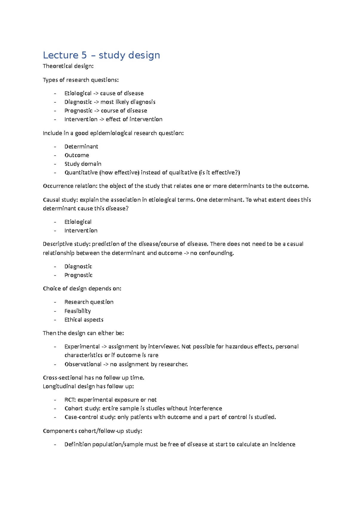 Lecture 5 Samenvatting: Study Design in Epidemiology - Studeersnel