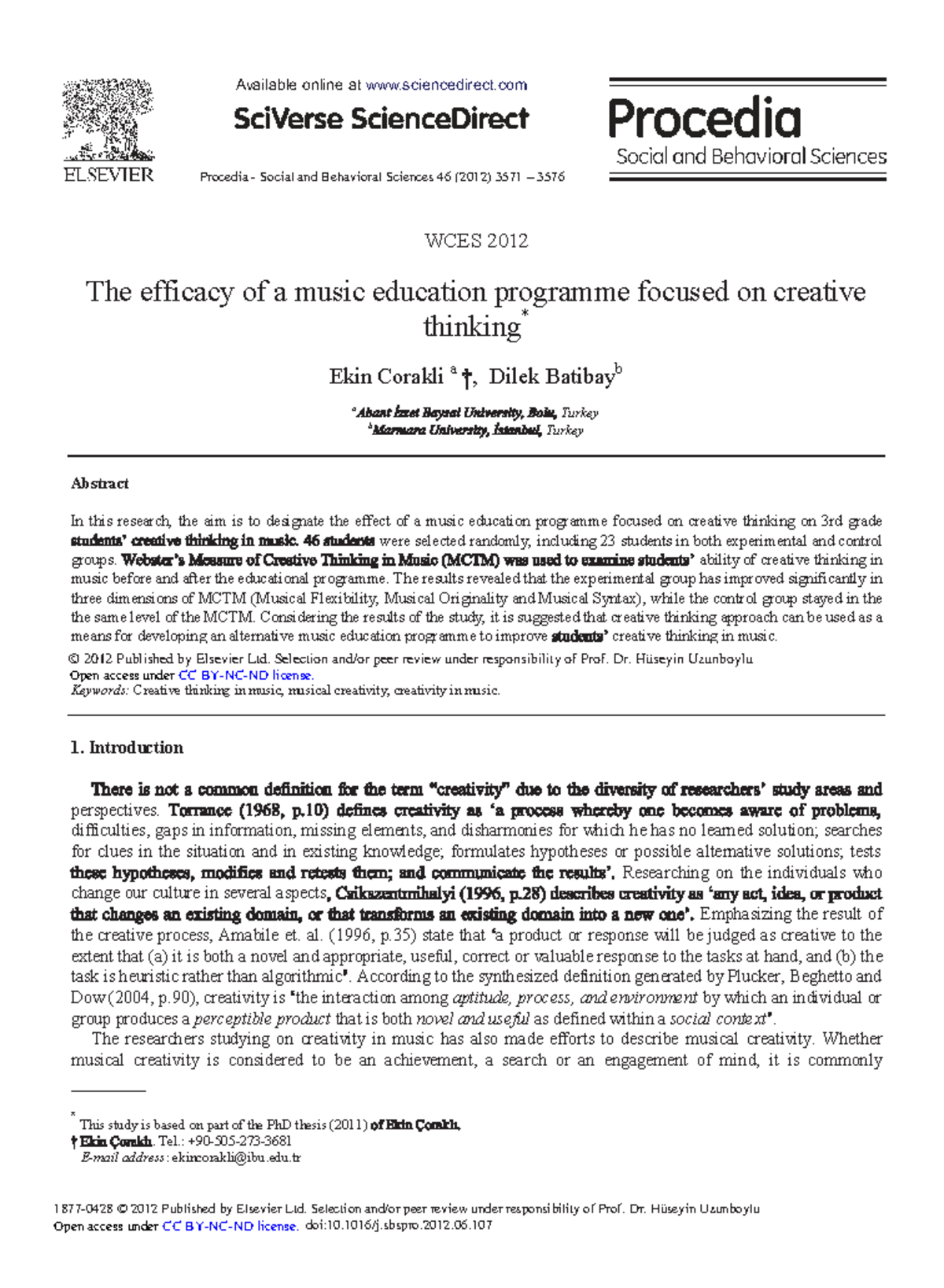 The Efficacy of a Music Education Program on Creative Thinking in 3rd ...