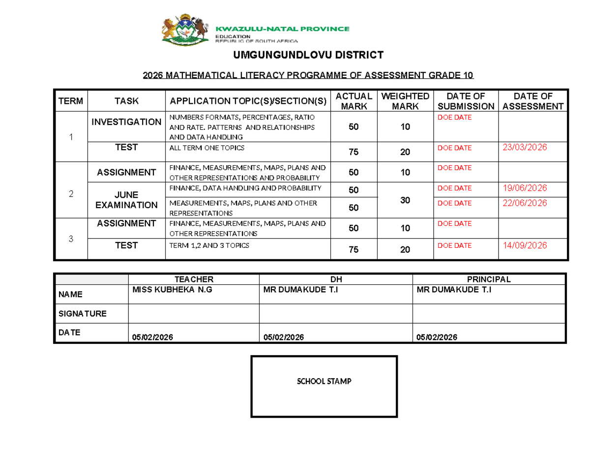 Gr10 Mathematical Literacy Programme of Assessment 2026 - Studocu