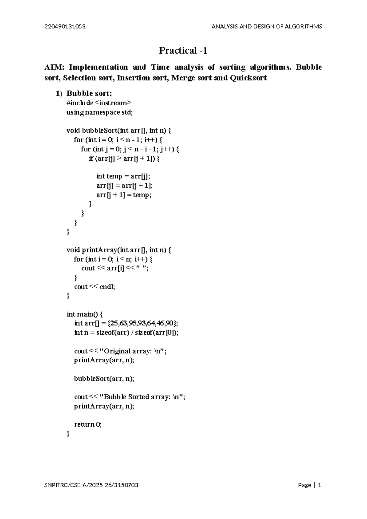 220490131053 ANALYSIS AND DESIGN OF ALGORITHMS: Sorting Algorithms ...