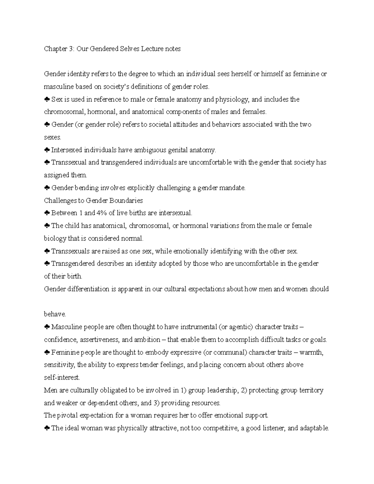 Chapter 3 - Gender Identity and Roles Lecture Notes (Spring 2023) - Studocu