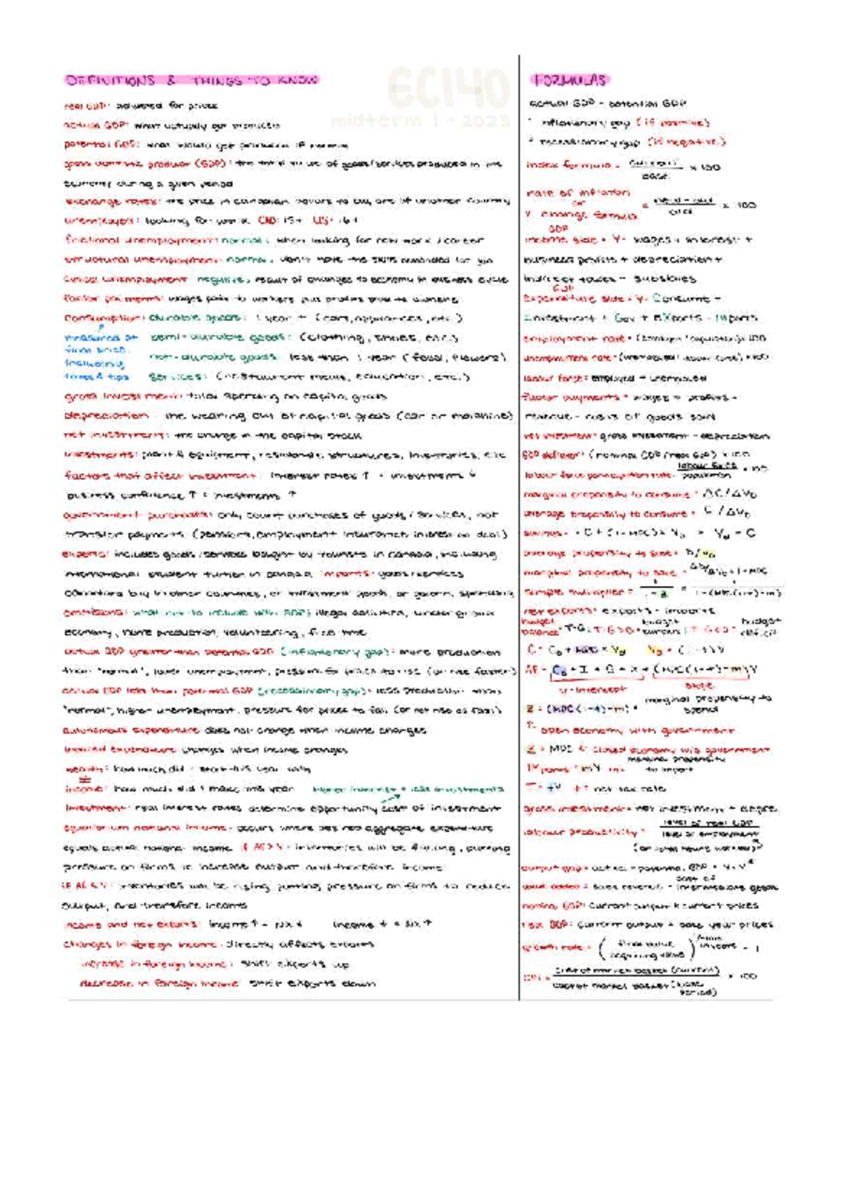 EC140 Midterm 1 Cheat Sheet: Key Economic Definitions & Formulas - Studocu