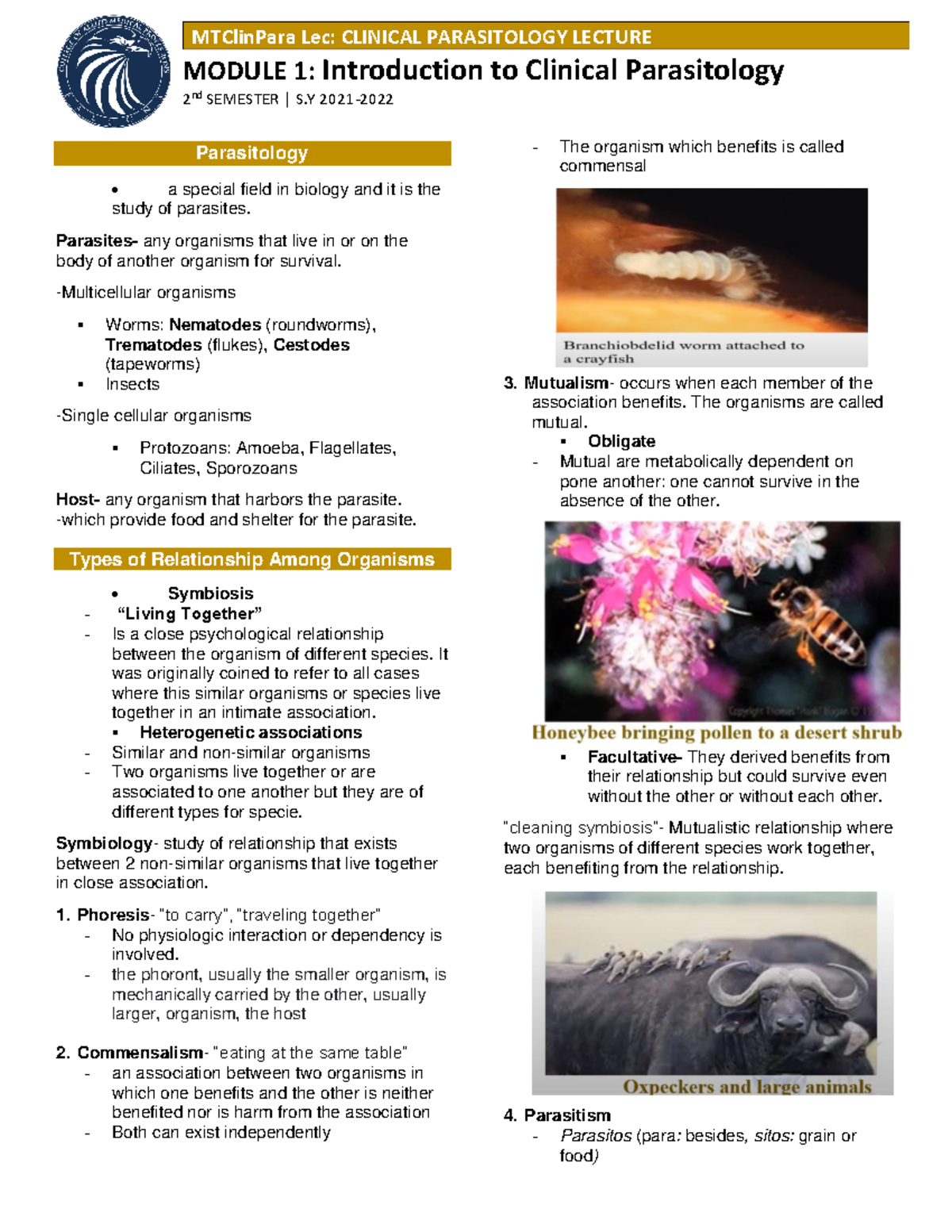 MTClinPara LEC P1 - Introduction to Clinical Parasitology - Studocu