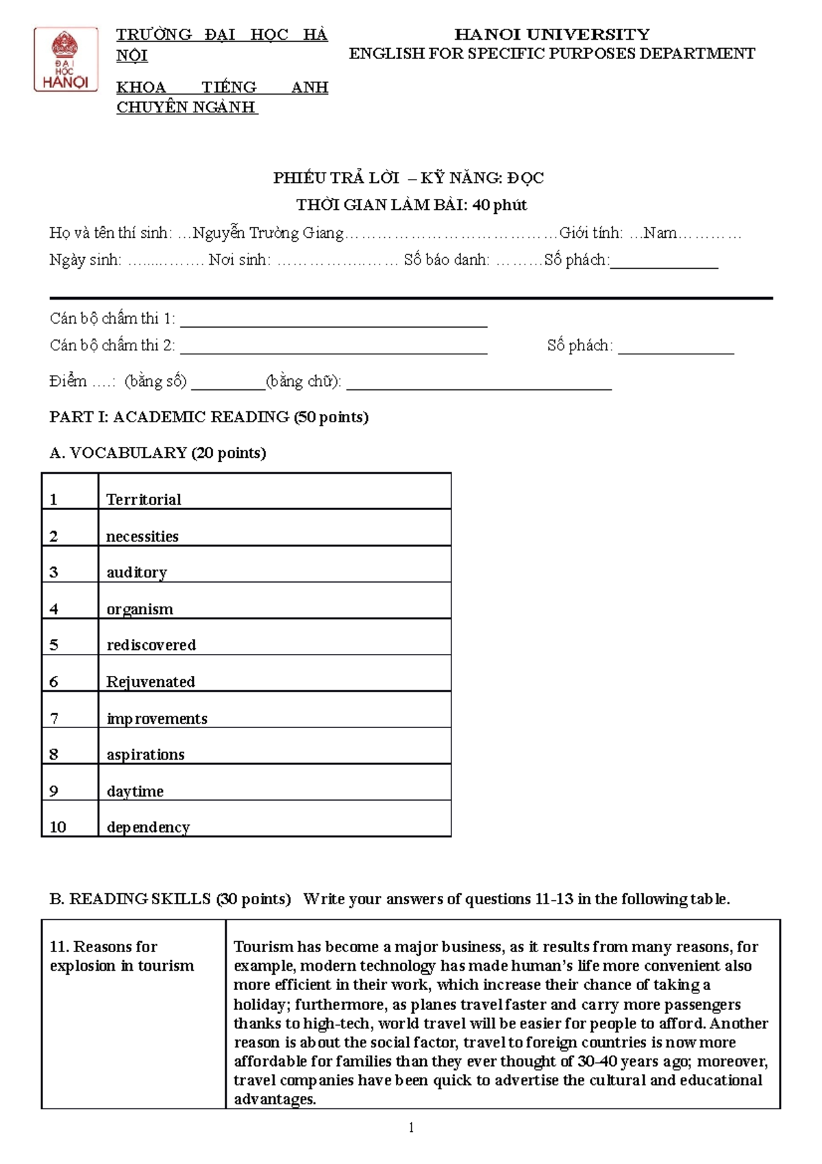 Academic Reading - Answer Sheet - TRƯỜNG ĐẠI HỌC HÀ NỘI KHOA TIẾNG ANH ...