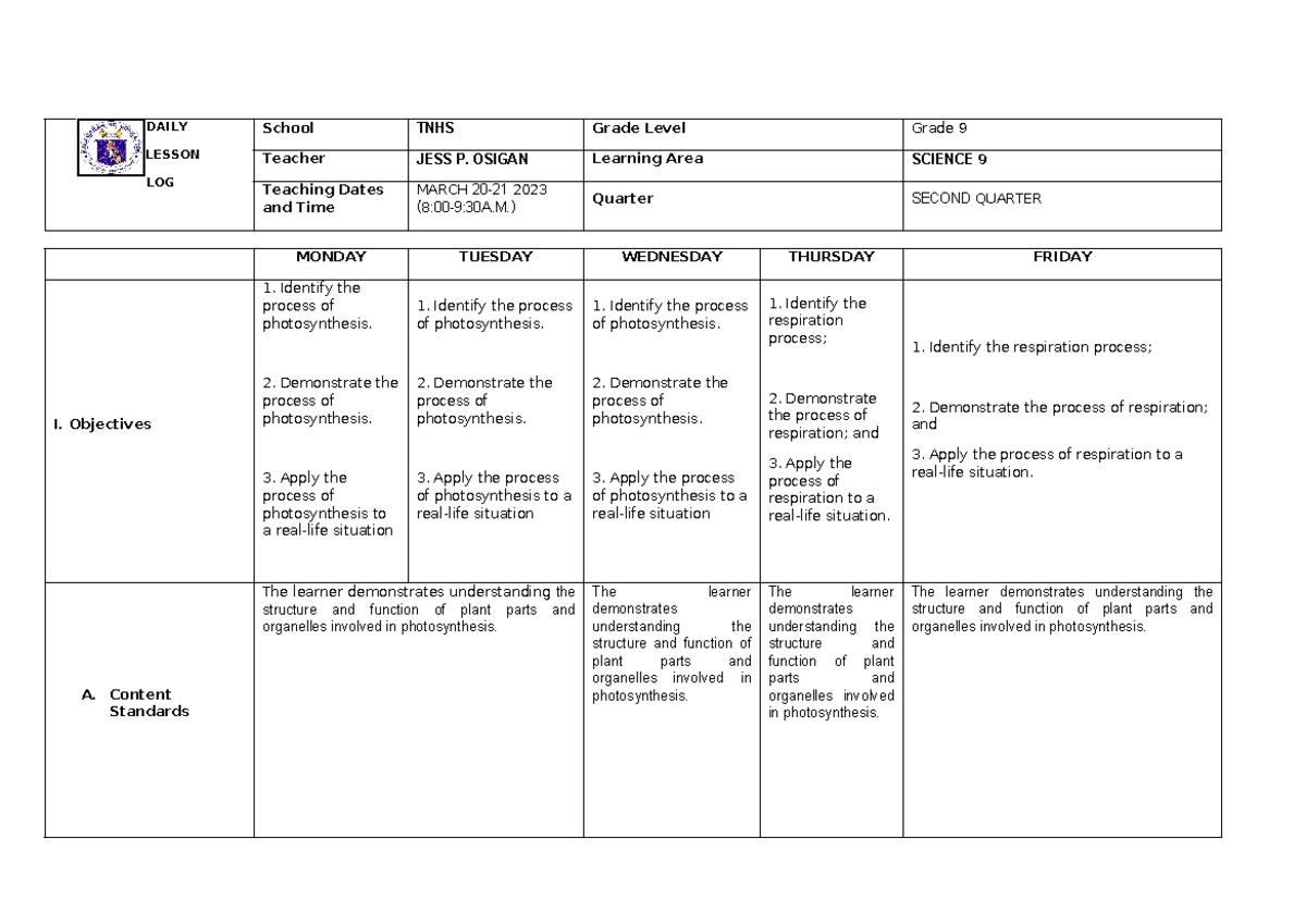 DLL Science 9 - Daily Lesson Log for 2nd Quarter (March 20-21) - Studocu